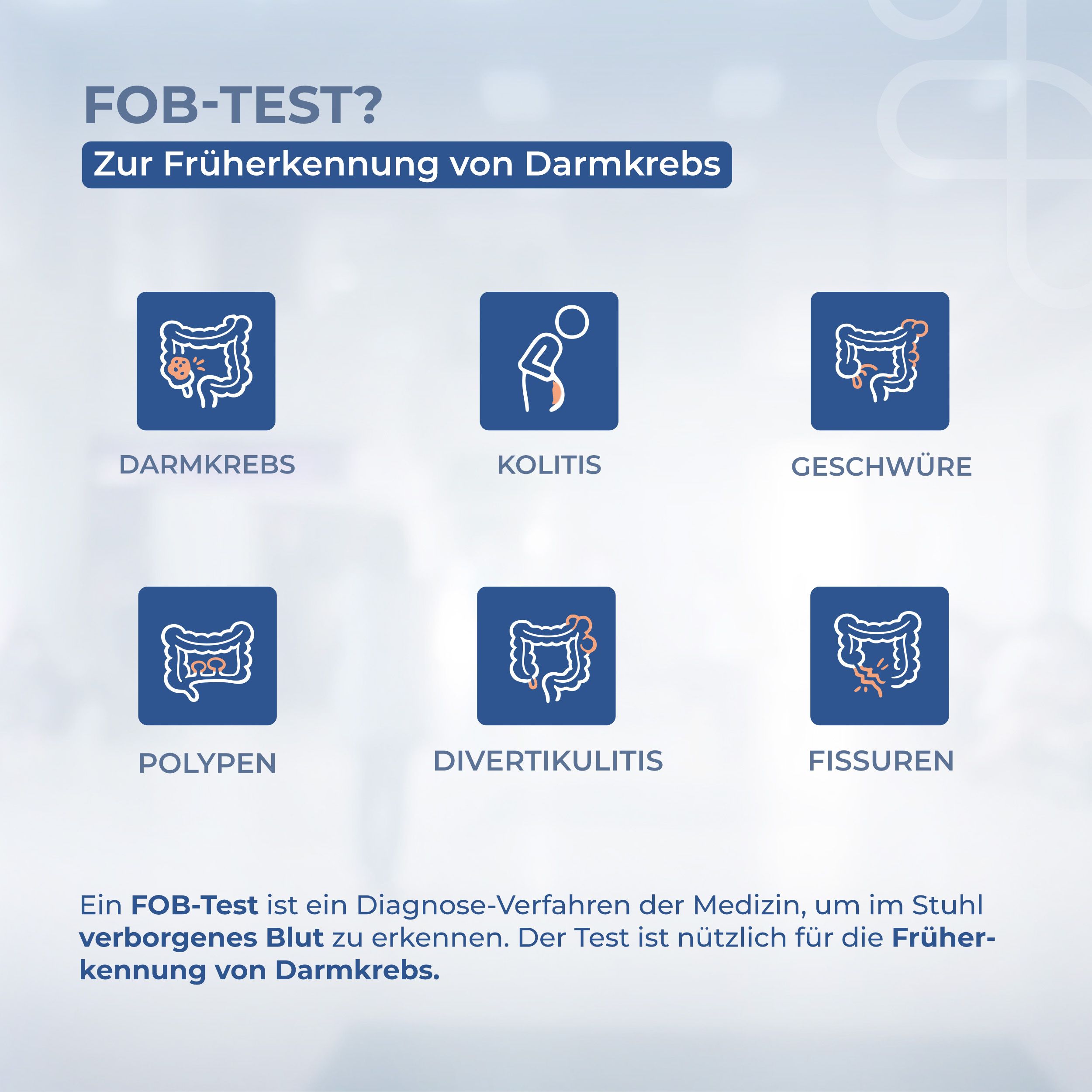 FOB-Test zur Früherkennung von Darmkrebs. Illustrationen von Darmproblemen.