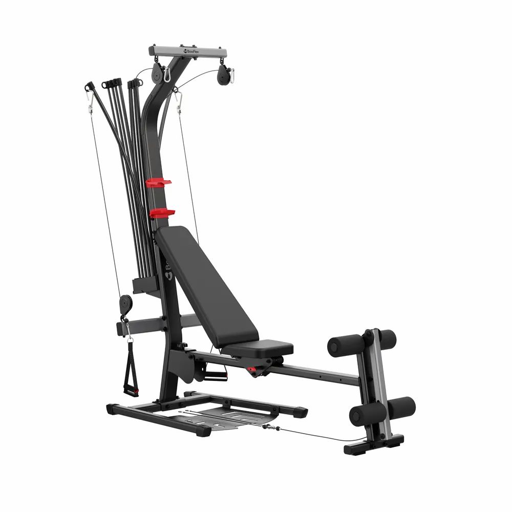 Schwarz-graues Heimfitnessgerät mit Hantelstange, Gewichten und Sitz.