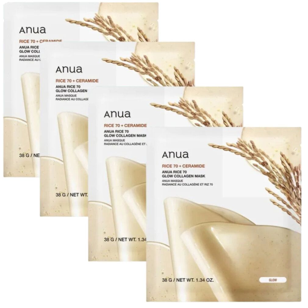 Vier Anua Rice 70 Glow Collagen Masken nebeneinander.