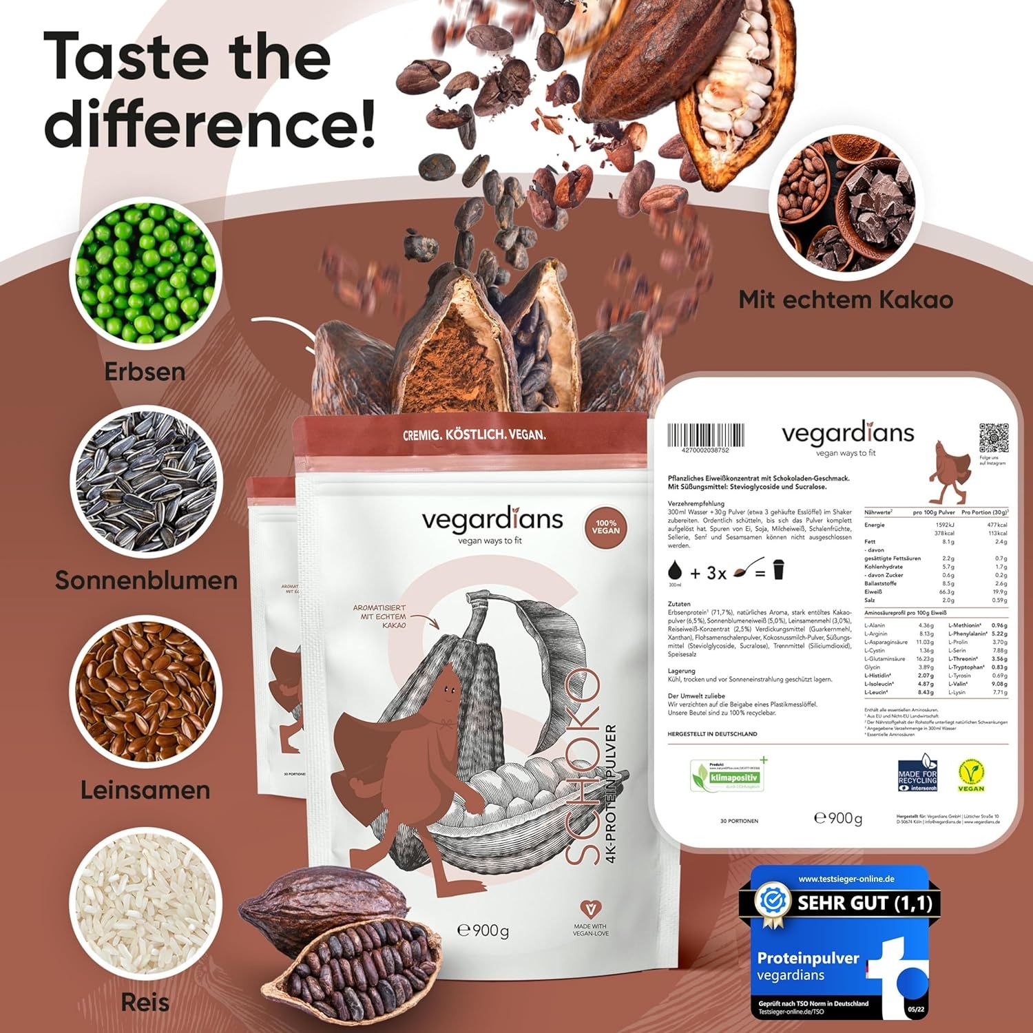 Drei Beutel vegardians All-In-Vegan Schokolade. Zusätzliche Abbildungen von Zutaten wie Erbsen, Sonnenblumenkernen, Leinsamen und Reis. Text: Mit echtem Kakao.