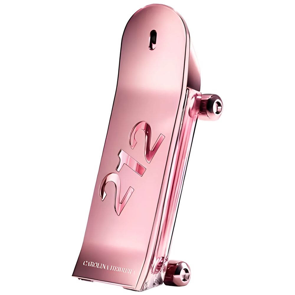 Rosafarbener Flakon in Form eines Skateboards. Aufschrift "212" und "Carolina Herrera".