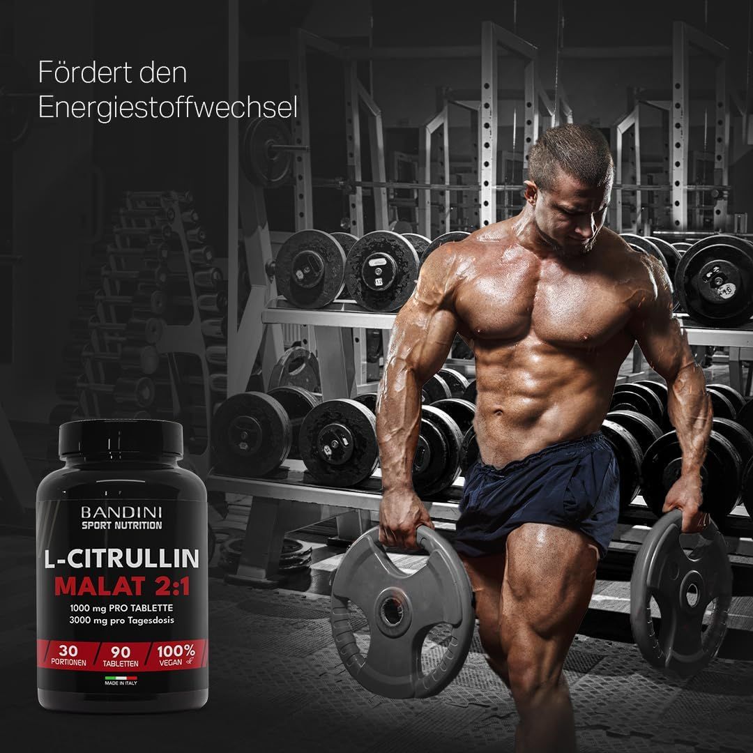 Schwarze Flasche Bandini L-Citrullin Malat 2:1. 30, 90 Tabletten. Vegan. Bodybuilder im Fitnessstudio. Text: Fördert den Energiestoffwechsel.