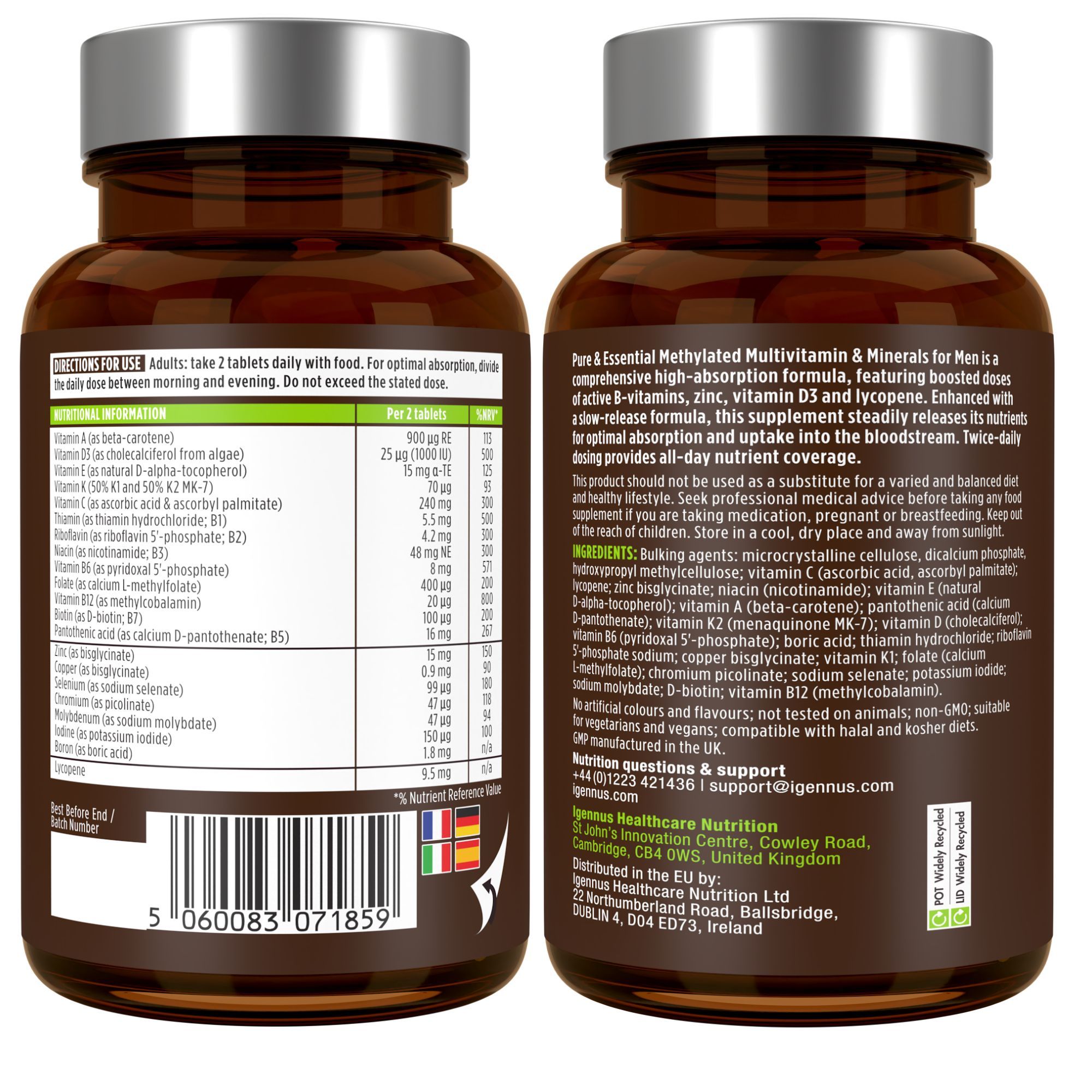 Zwei Seiten einer Flasche mit Tabletten. Aufschrift: Methyliertes Multivitamin & Mineralien für Männer. Inhaltsstoffe und Anwendung.