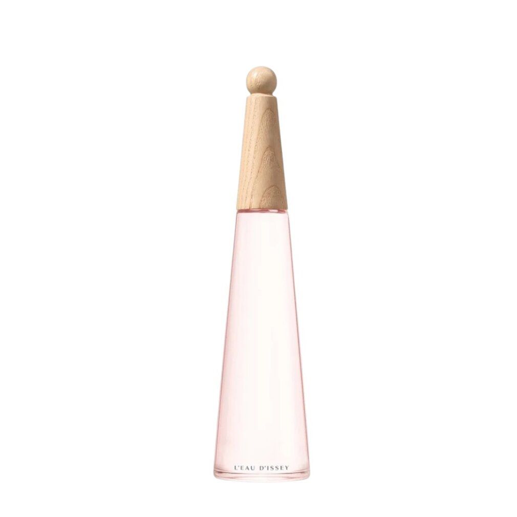 Flakon mit Holzverschluss. Konische Form. Rosa Flüssigkeit. Produktname am Flaschenboden.