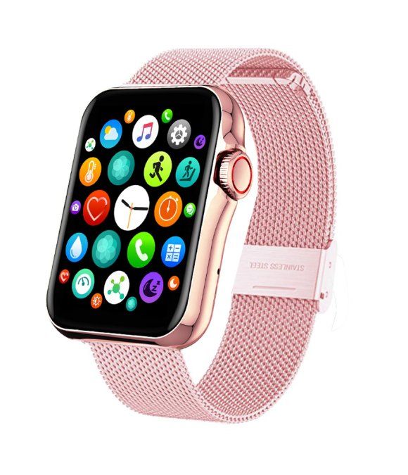 Roségoldene Smartwatch mit Mesh-Armband. Schwarzer Touchscreen mit farbigen App-Symbolen. Edelstahl-Schließe.