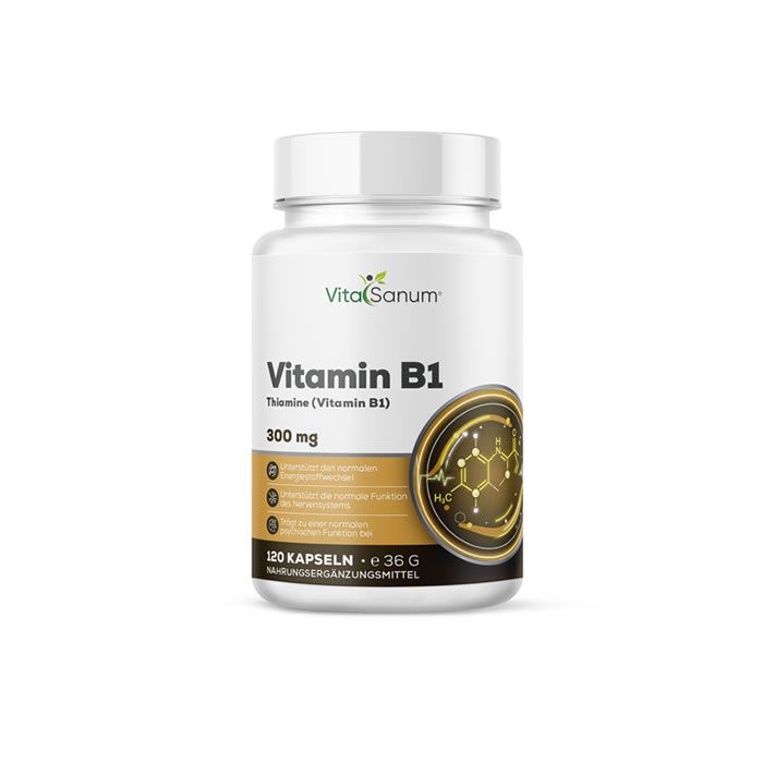 Weiße Flasche mit Deckel. Aufschrift: VitaSanum Vitamin B1, 300 mg, 120 Kapseln. Goldfarbenes Designelement mit chemischer Struktur.