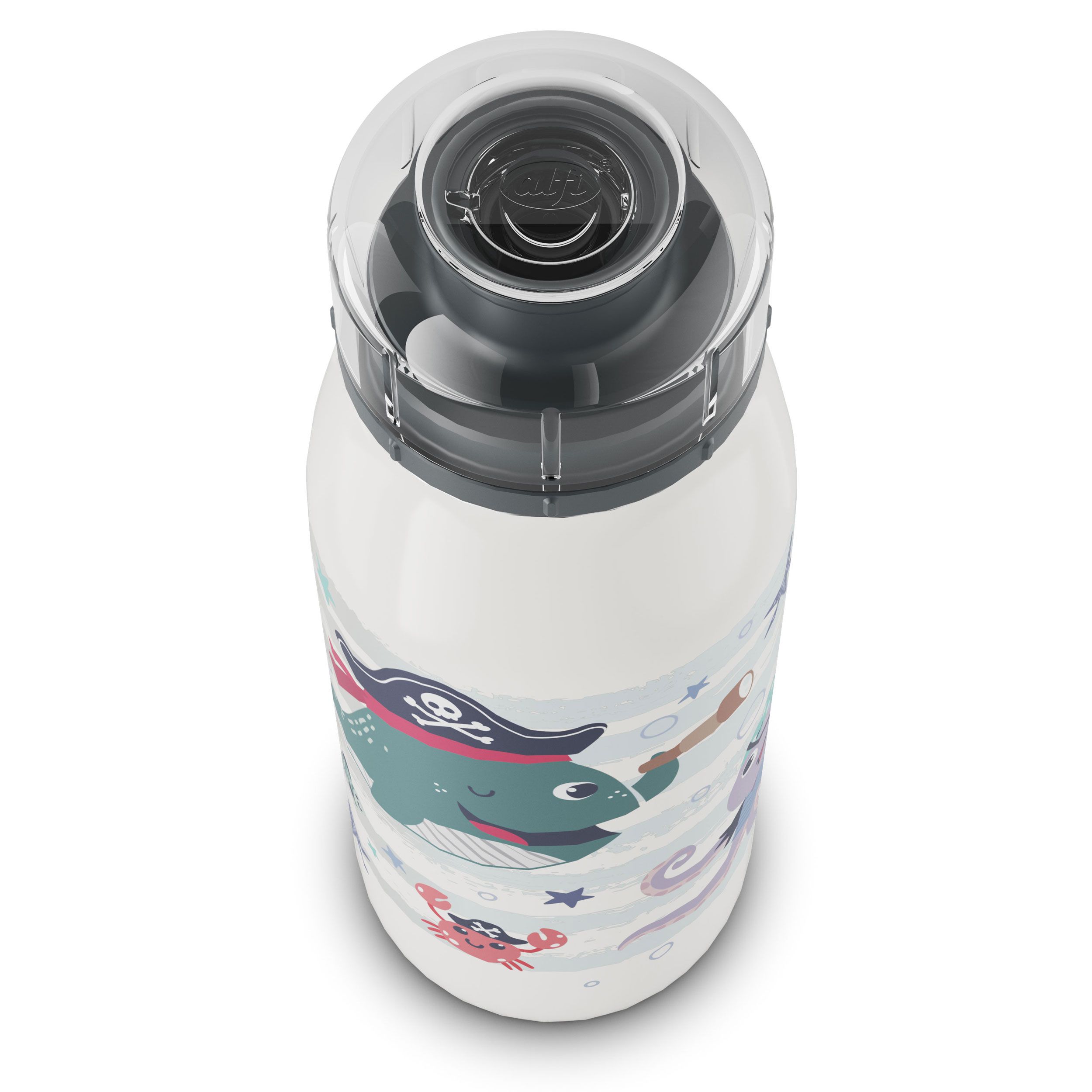 Oberansicht der ALFI Kinderflasche mit Piraten-Wal-Motiv und Verschluss.