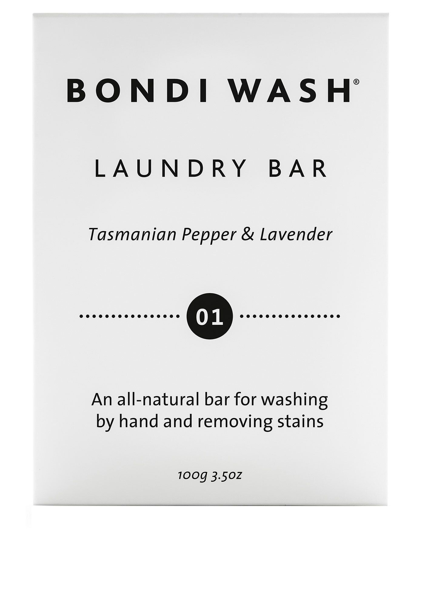 Weißes Produkt mit schwarzem Text. Aufschrift: BONDI WASH, LAUNDRY BAR, Tasmanian Pepper & Lavender. Nummer 01.