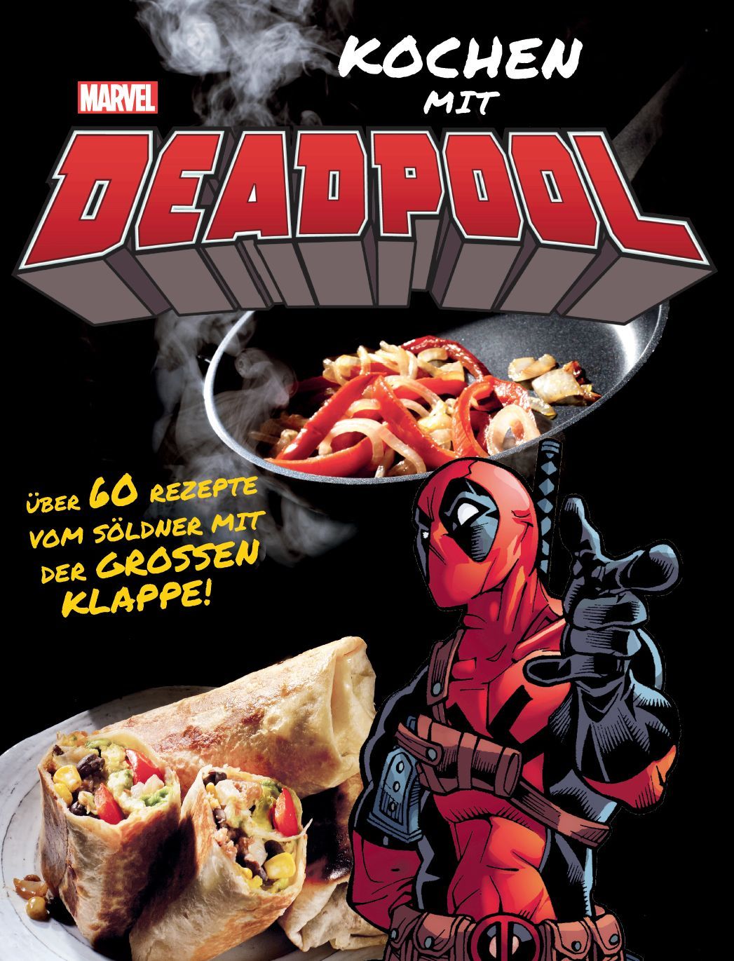 Kochbuch "Kochen mit Deadpool". Comic-Cover mit Deadpool, Essen und Schriftzug. Über 60 Rezepte vom Söldner.