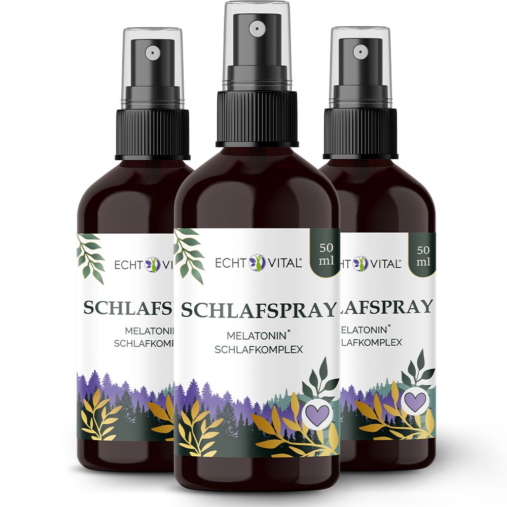Drei Flaschen Echt Vital Schlafspray mit Melatonin und Schlafkomplex. Dunkle Glasflaschen mit Sprühkopf und Etikett.