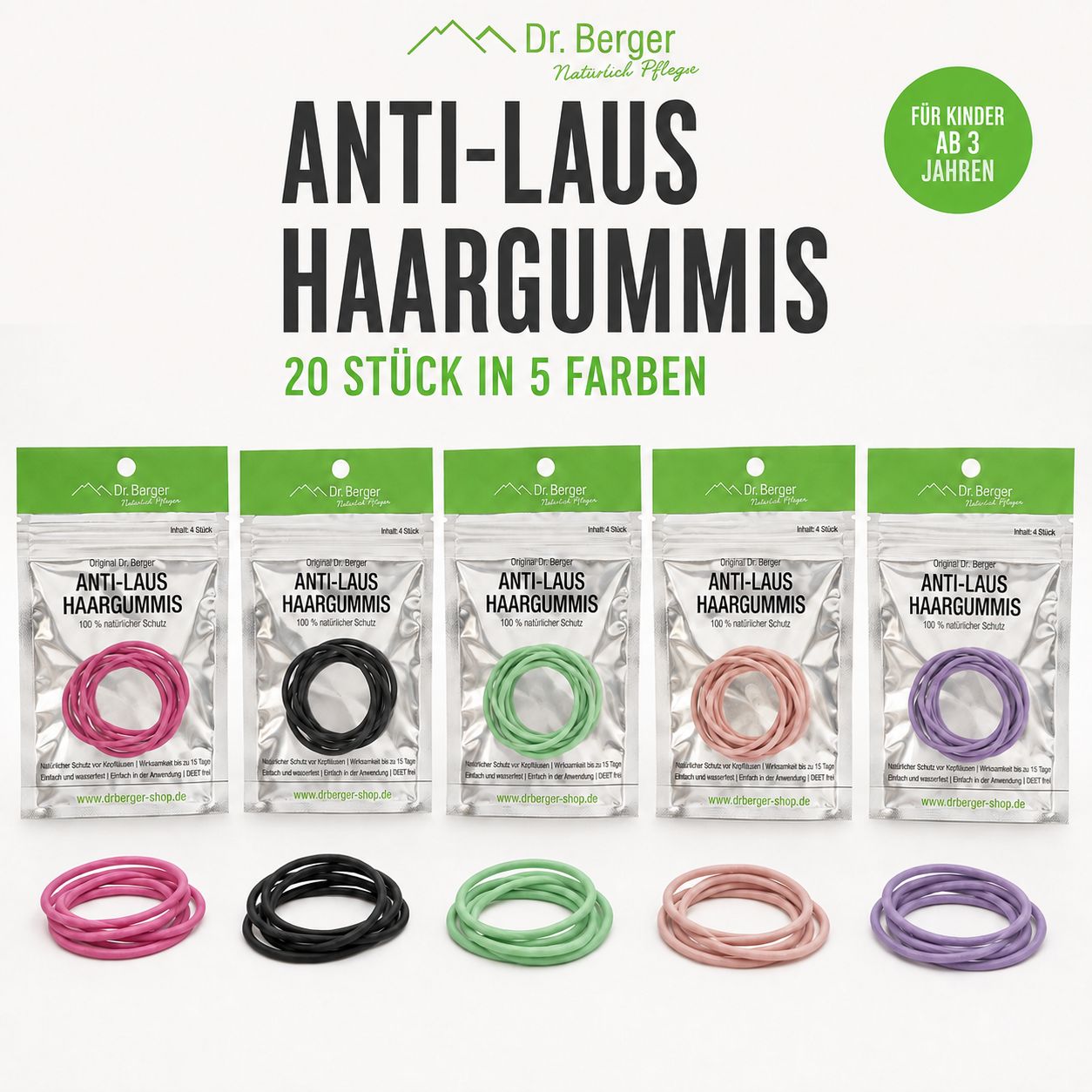 Fünf Packungen Anti-Laus-Haargummis in den Farben Pink, Schwarz, Grün, Rosa und Lila.