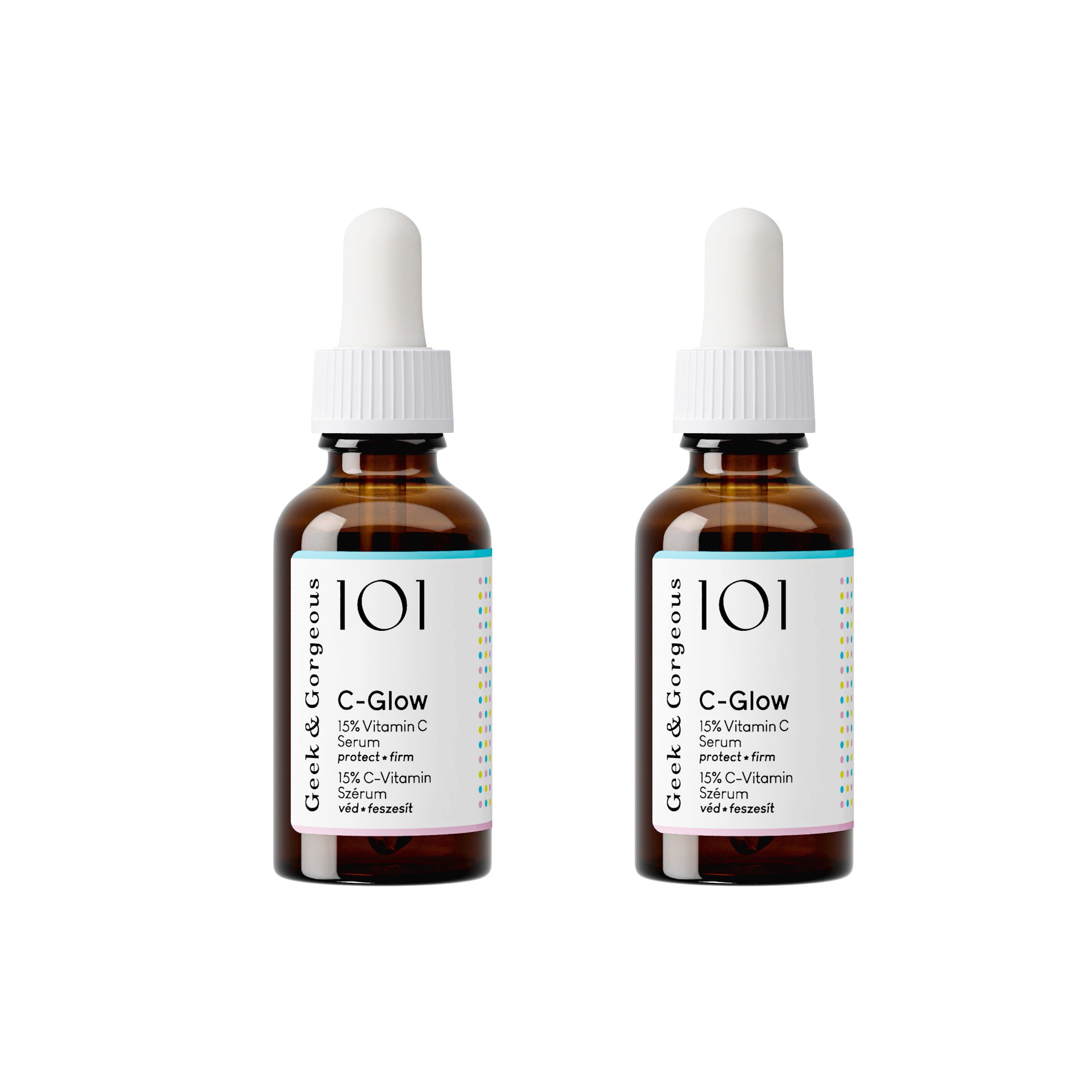 Zwei braune Glasflaschen mit Pipetten. Auf den Etiketten steht "C-Glow 15% Vitamin C Serum" und "Geek & Gorgeous".
