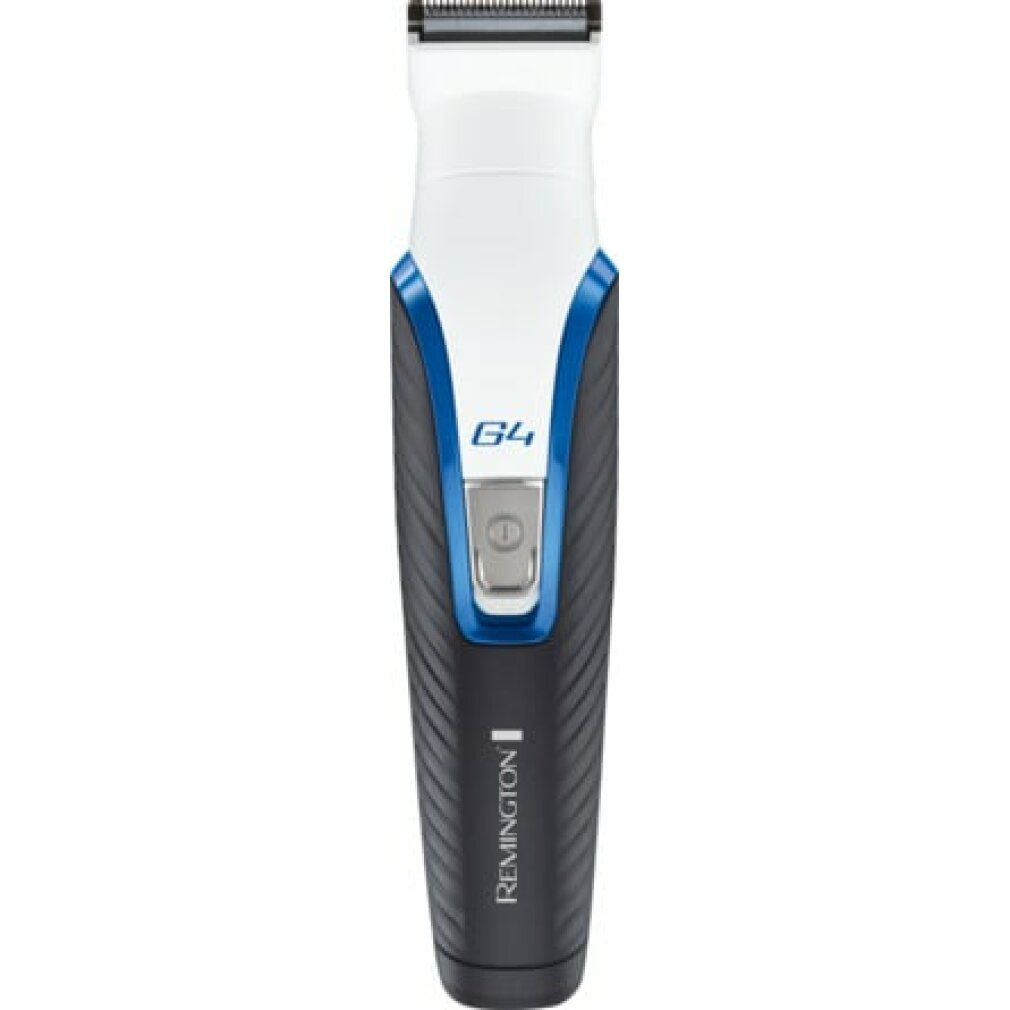 Haar-/Bartschneider, schwarz-weiß-blau. Mit G4-Logo und Remington-Schriftzug. Ein-Aus-Taste. Klingenaufsatz oben.
