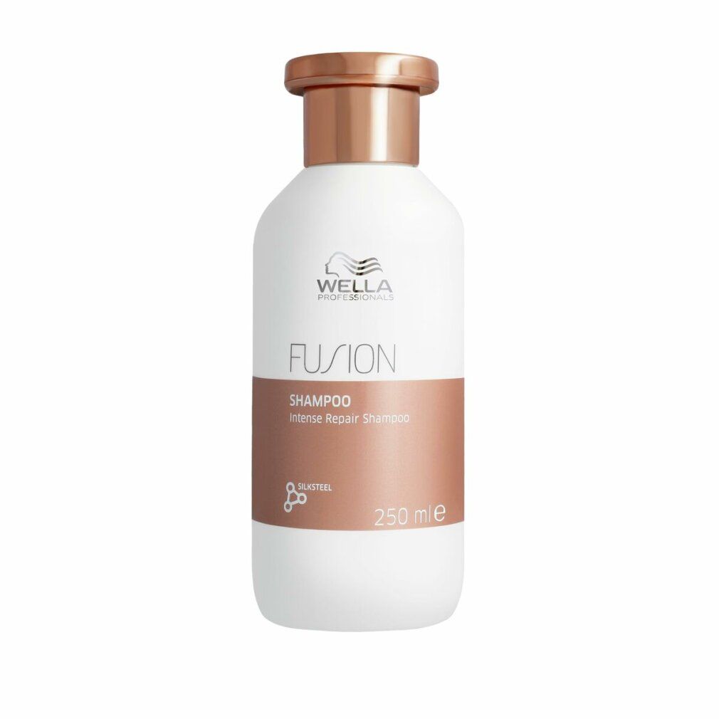 Weiße Shampoo-Flasche mit kupferfarbenem Deckel. Aufschrift: Wella FUSION, Shampoo, Intense Repair Shampoo, 250 ml.