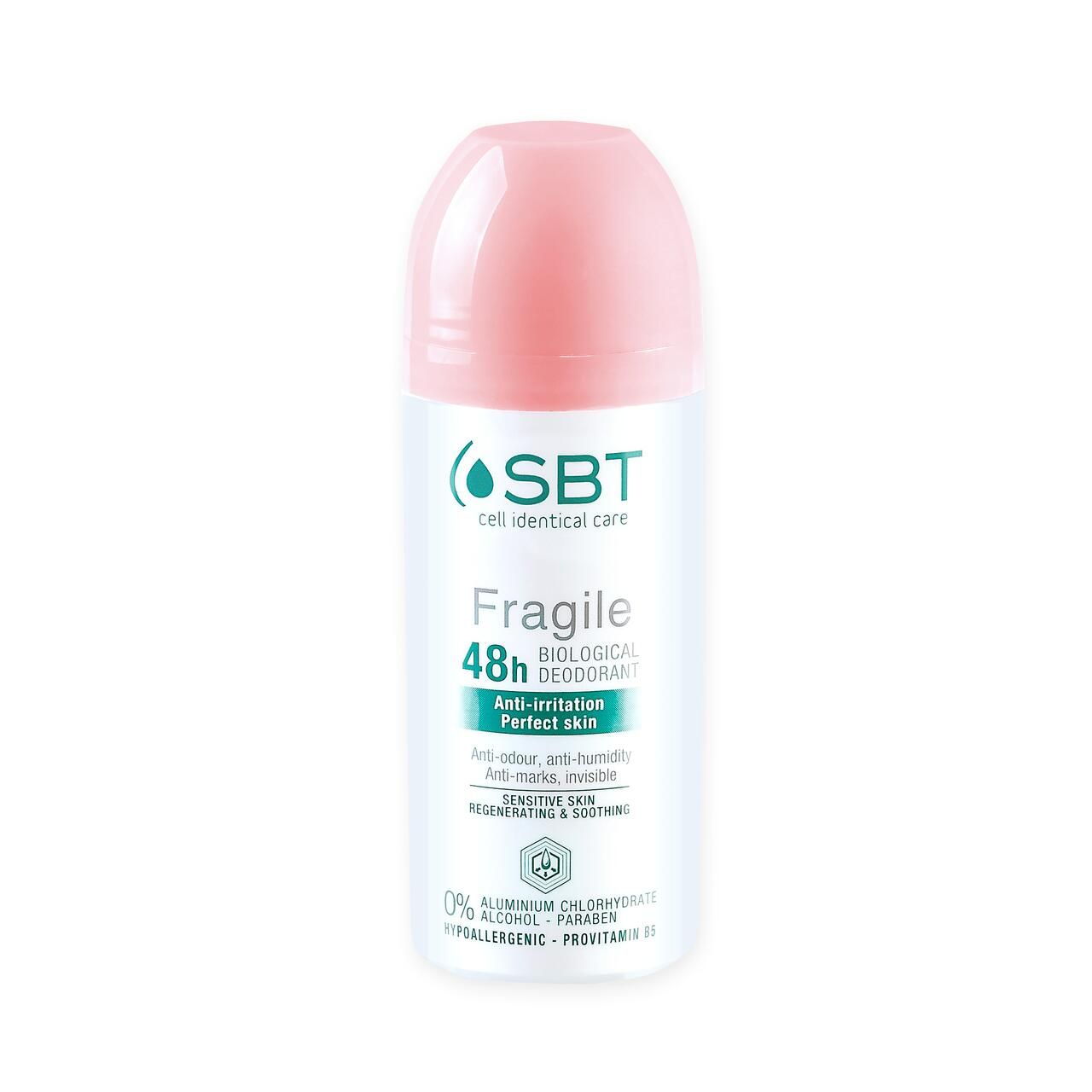 Roll-on-Deodorant mit rosa Kappe. Text: SBT, Fragile, 48h Biological Deodorant, Anti-Irritation, Perfect skin, 0% Alkohol.