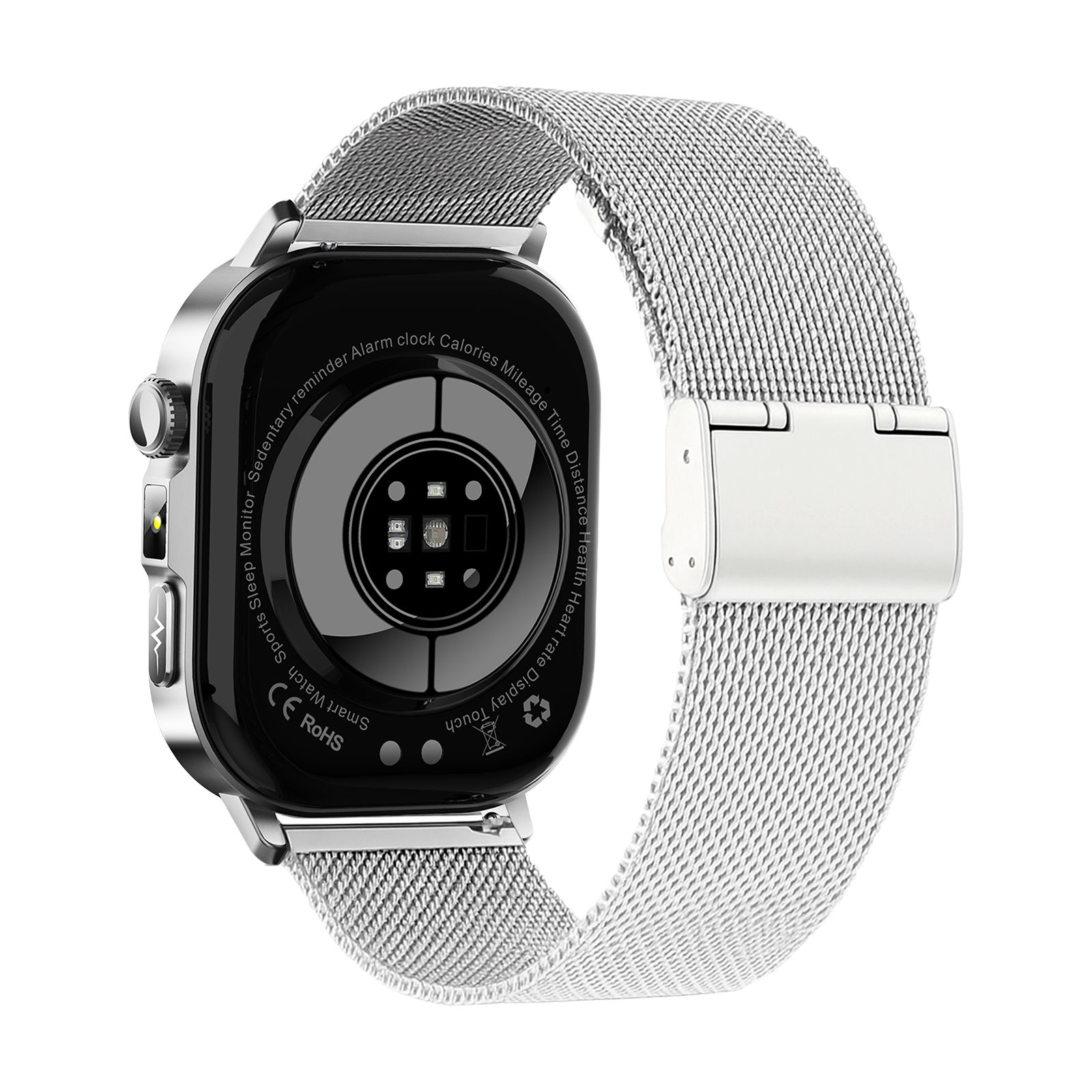 Rückseite einer silbernen Smartwatch mit Mesh-Armband. Sensoren und Schriftzug. CE-Kennzeichnung.