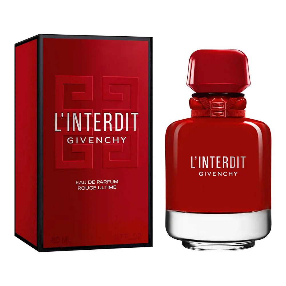 Roter Flakon und Schachtel. Aufschrift L'Interdit Givenchy. Eau de Parfum Rouge Ultime. Silberner Flakonboden. Rote Verpackung.