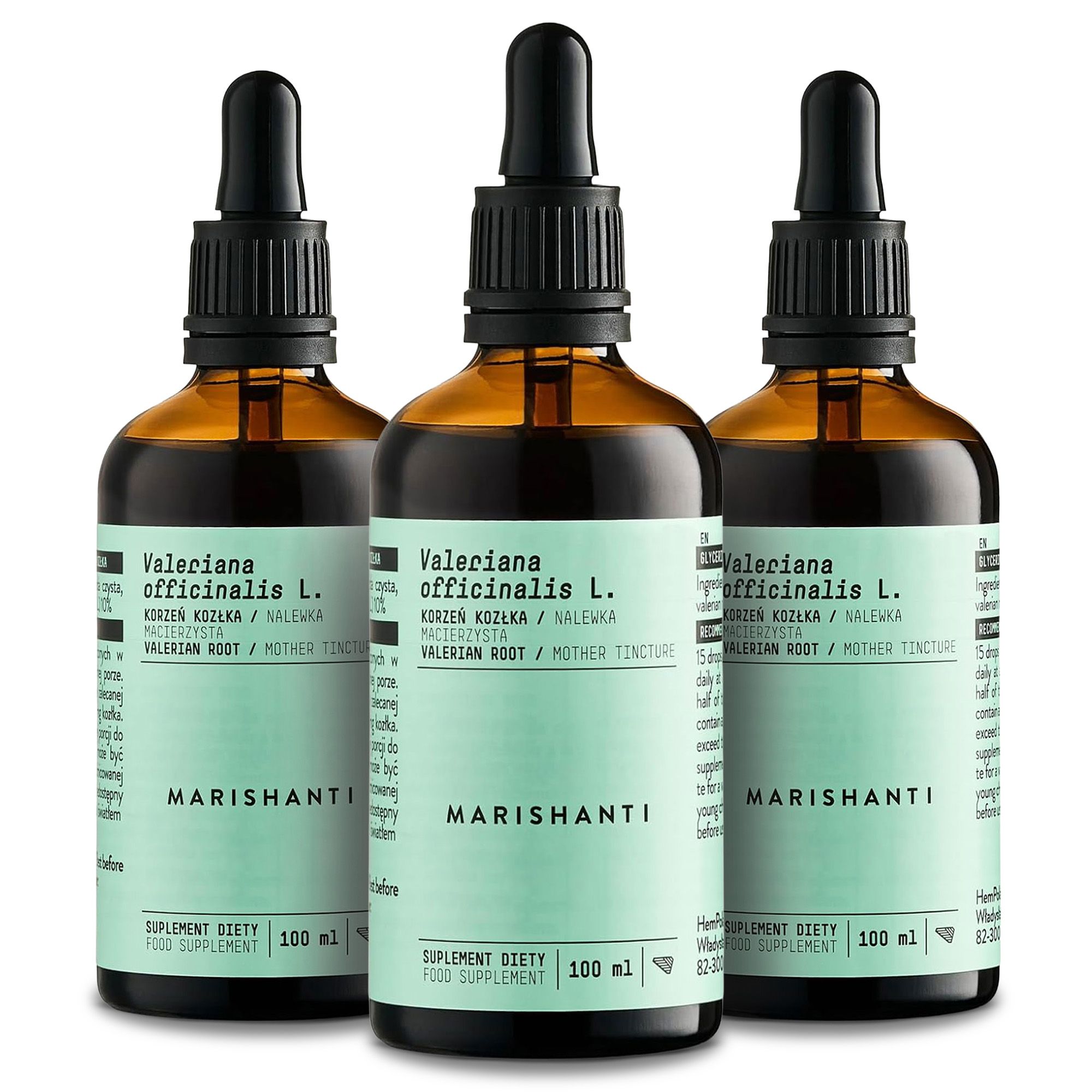 Drei braune Flaschen mit Tropfern. Text: Marishanti, Baldrianwurzel Extrakt, 100 ml.