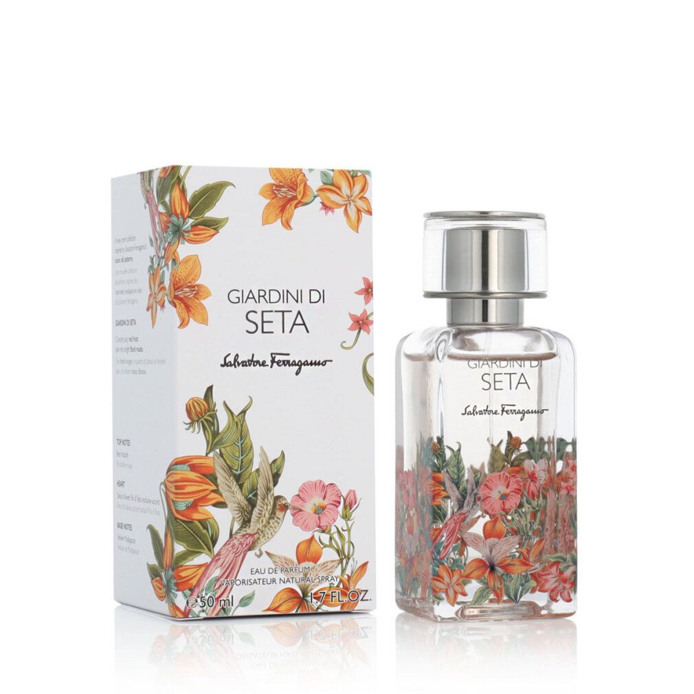 Salvatore Ferragamo Giardini di Seta Eau de Parfum 50ml Flakon und Verpackung mit floralem Design.