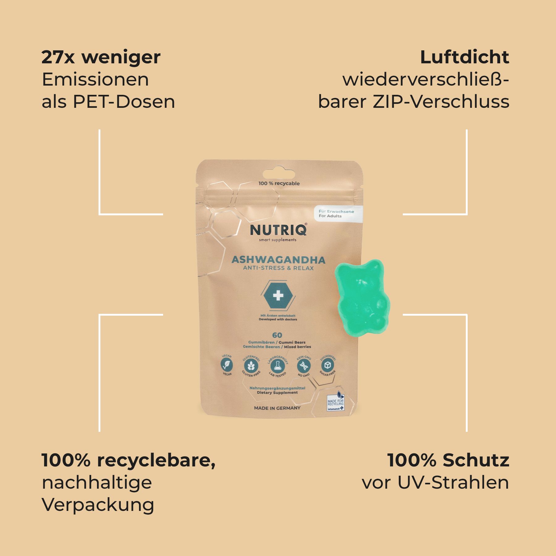 Nutriq Ashwagandha Gummibärchen-Beutel mit Informationen zu Recycling und UV-Schutz.