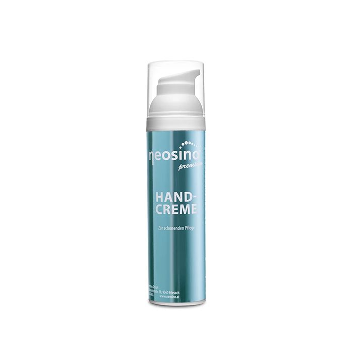Zylindrische Handcreme-Flasche mit Pumpkopf. Aufschrift: NEOSINO HAND-CREME. Türkisfarbener Hintergrund.