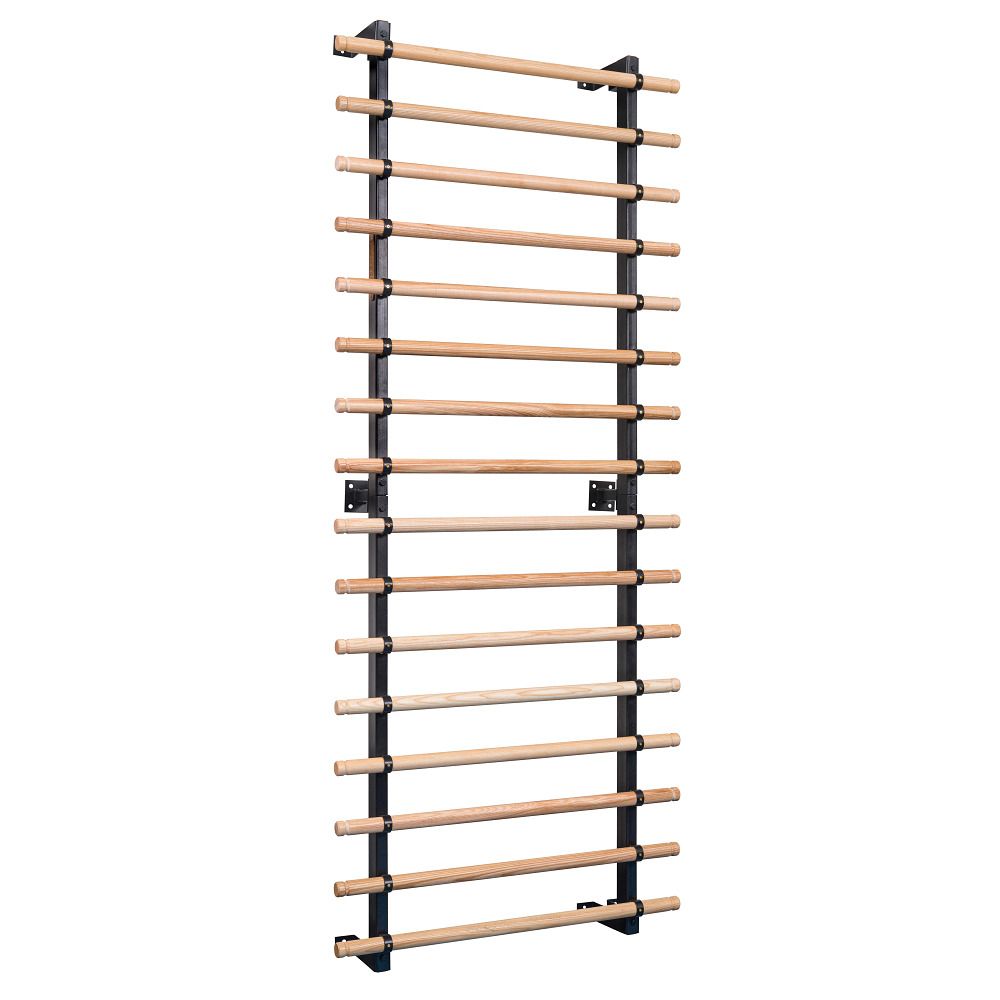 Sprossenwand mit Holzsprossen und schwarzem Rahmen. 16 Sprossen, Wandmontage.