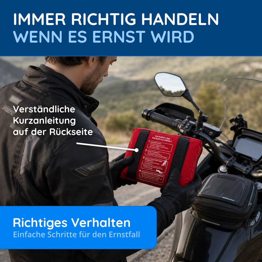 Mann hält Erste-Hilfe-Set mit Anleitung auf der Rückseite neben einem Motorrad. Text: Immer richtig handeln, wenn es ernst wird. Richtiges Verhalten, einfache Schritte.