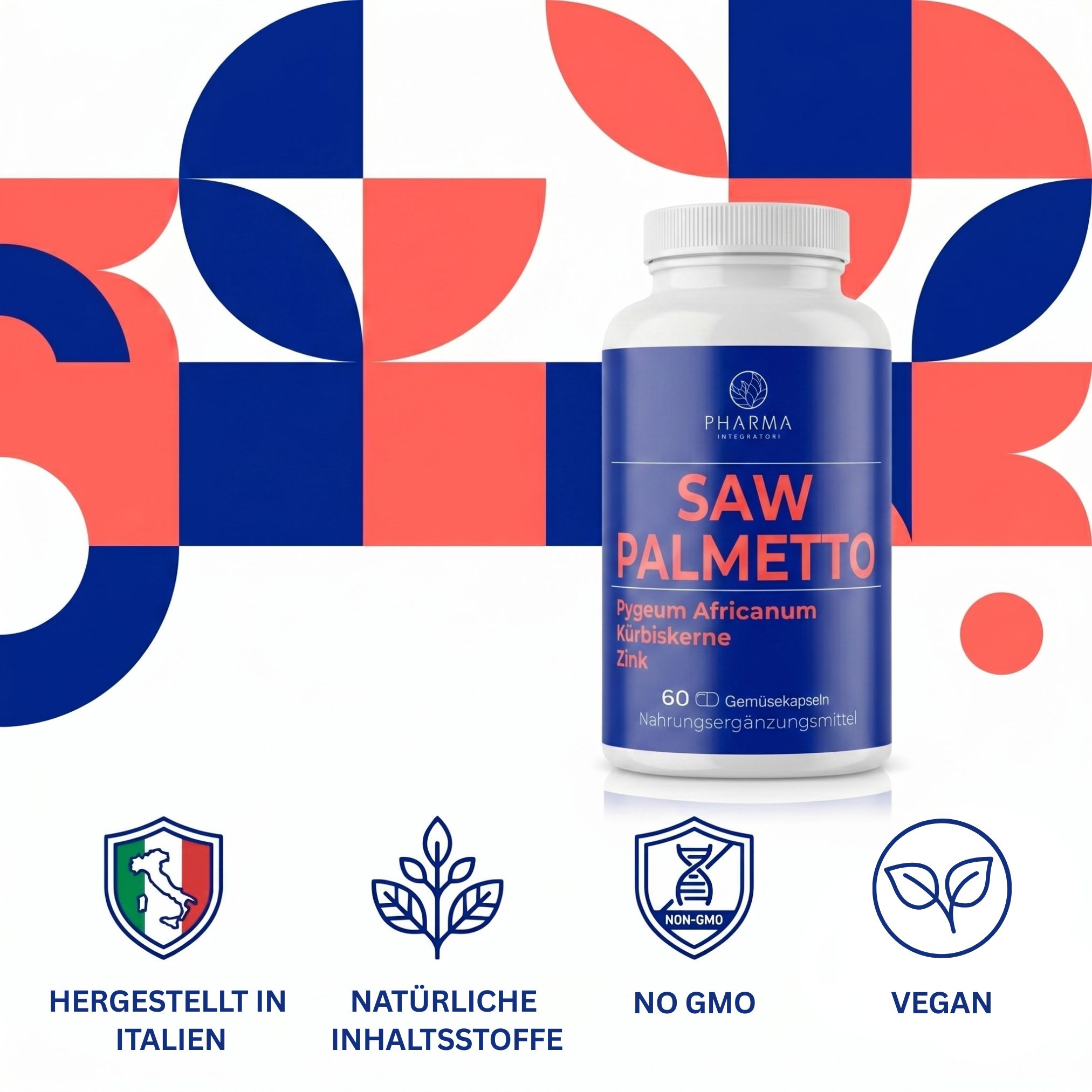 Serenoa Repens Flasche und Verpackung mit Siegeln: Hergestellt in Italien, Vegan.