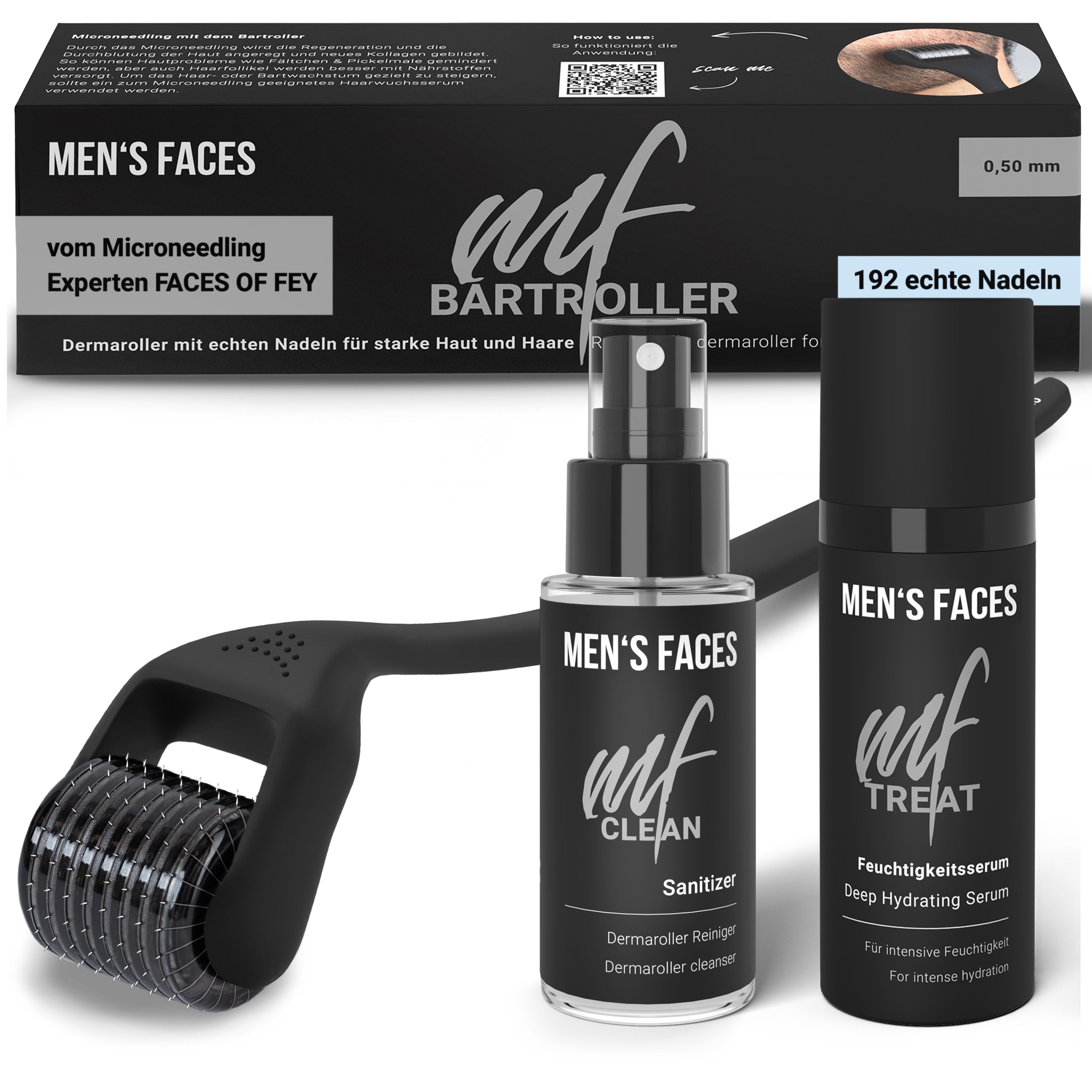 Set mit Dermaroller, Reiniger und Serum. Schwarze Verpackung mit weißer Schrift. Enthält 192 Nadeln. Markenname: MEN'S FACES.