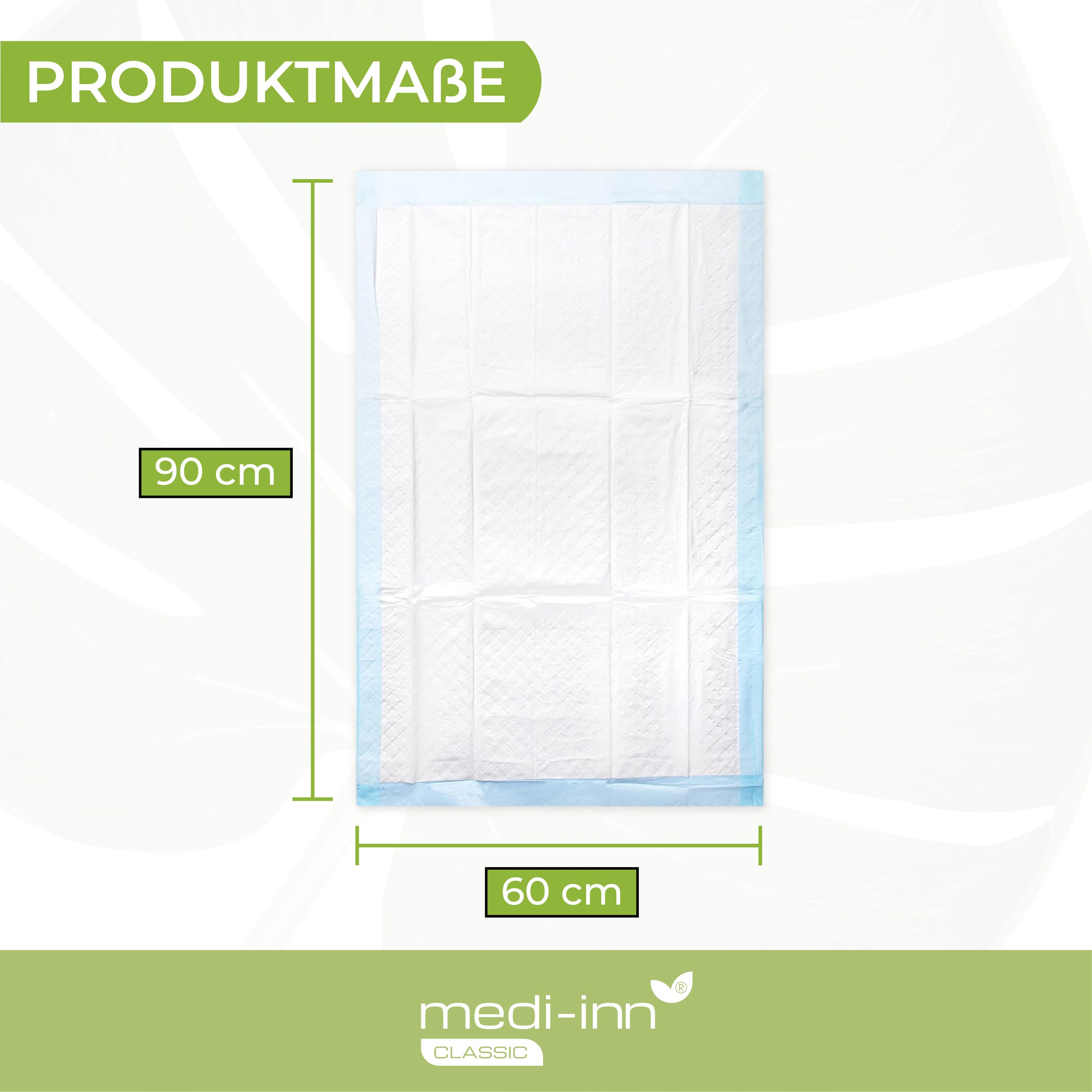Krankenunterlage, weiß mit blauem Rand. Maße: 90 cm x 60 cm. Text: "PRODUKTMAßE". Logo: medi-inn classic.