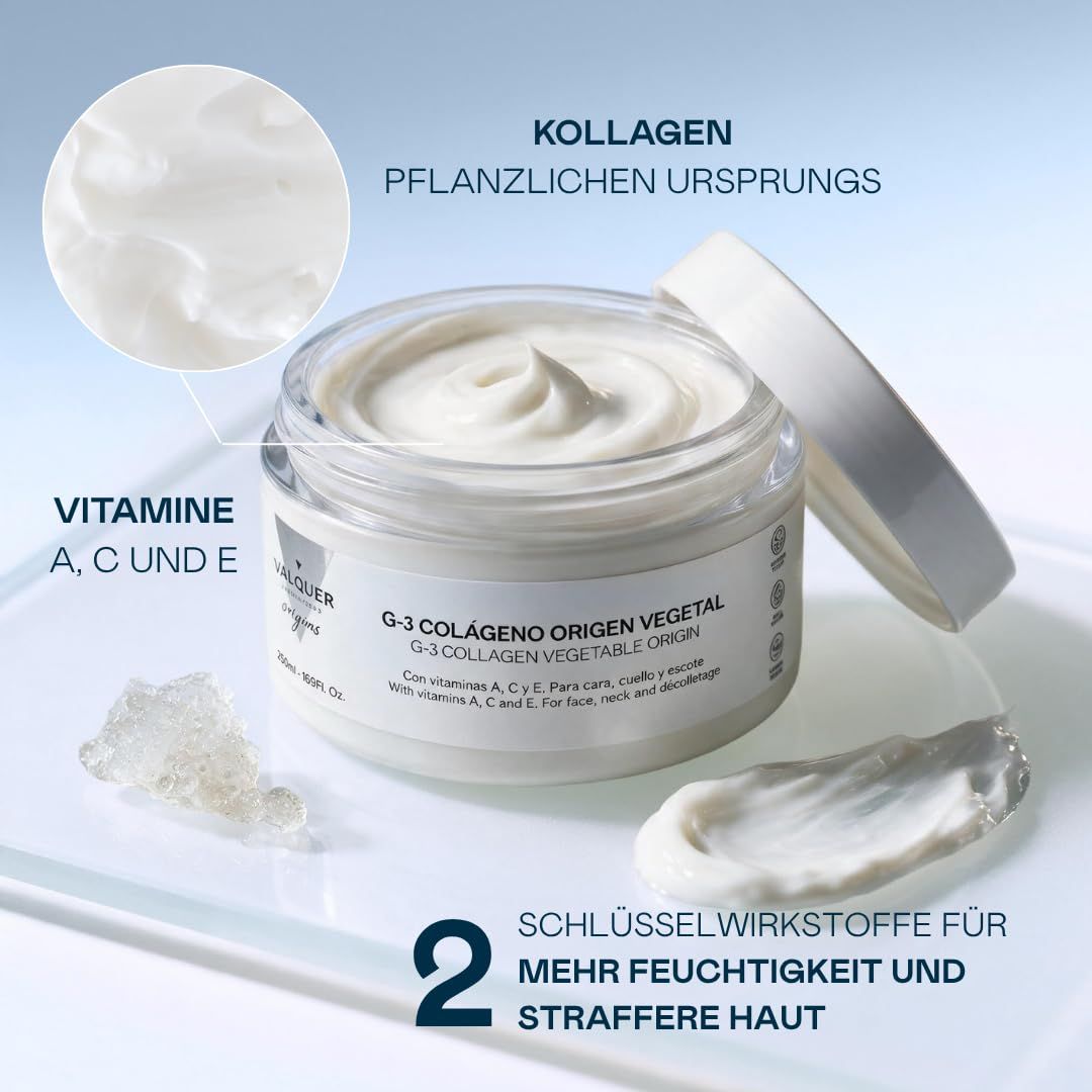 Valquer G-3 Pflanzenkollagen Gesichtscreme-Tiegel mit Informationen.