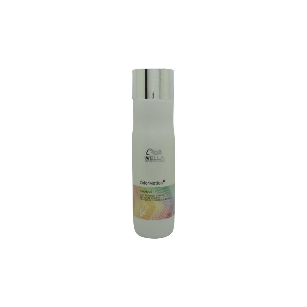 Weiße Shampoo-Flasche mit silbernem Deckel. Aufkleber mit Farbverlauf und Schriftzug ColorMotion und Shampoo.