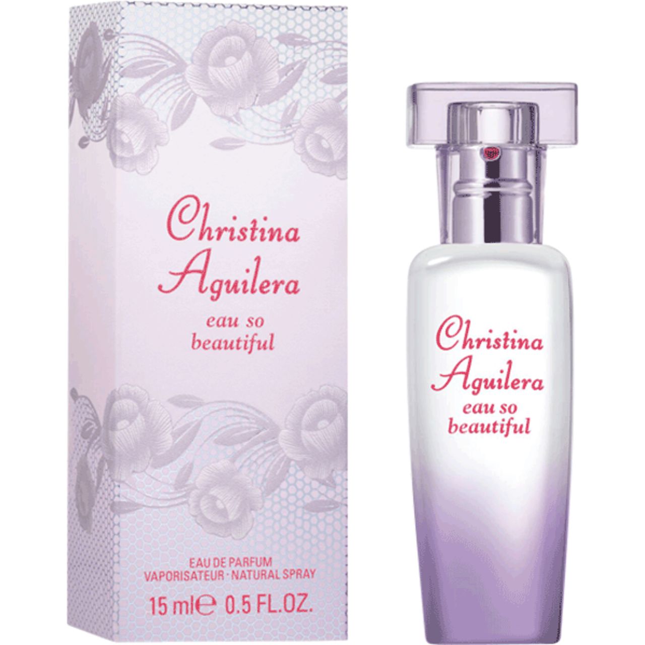 Parfümflakon und Verpackung. Flakon mit Farbverlauf, Schriftzug "Christina Aguilera eau so beautiful". Verpackung mit Rosenmuster.