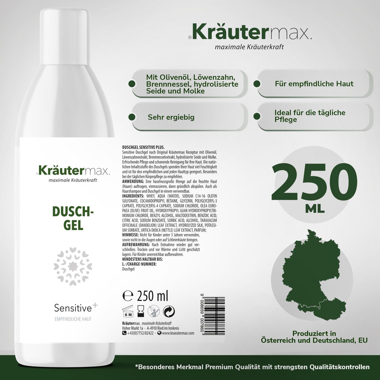 Kräutermax Duschgel Flasche mit Text: Mit Olivenöl, Löwenzahn, Brennnessel. 250 ml. Hergestellt in Österreich und Deutschland. Premium Qualität.