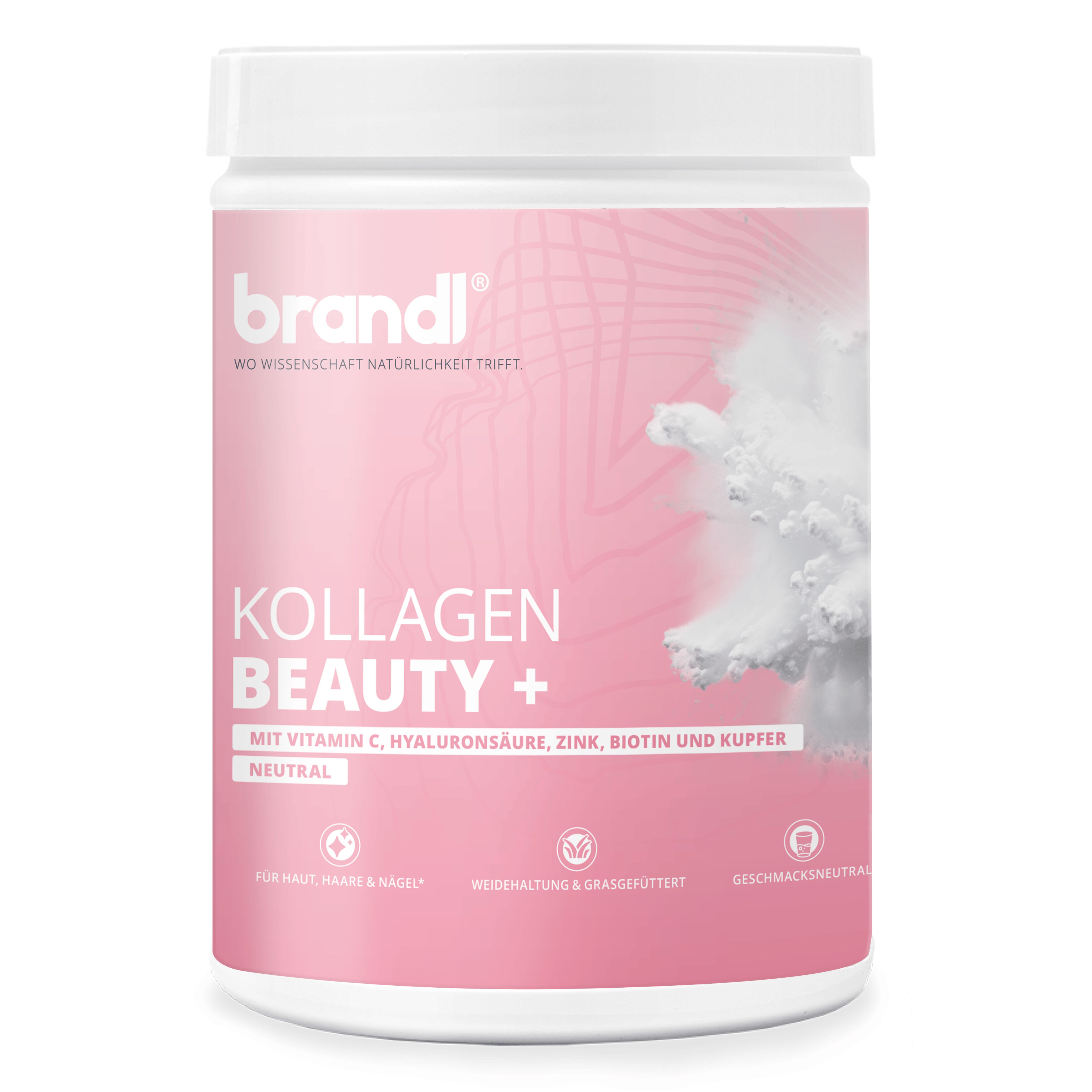 Weißer Behälter mit rosa Etikett. Text: brandl, Kollagen Beauty+. Text: Mit Vitamin C, Hyaluronsäure, Zink, Biotin und Kupfer.