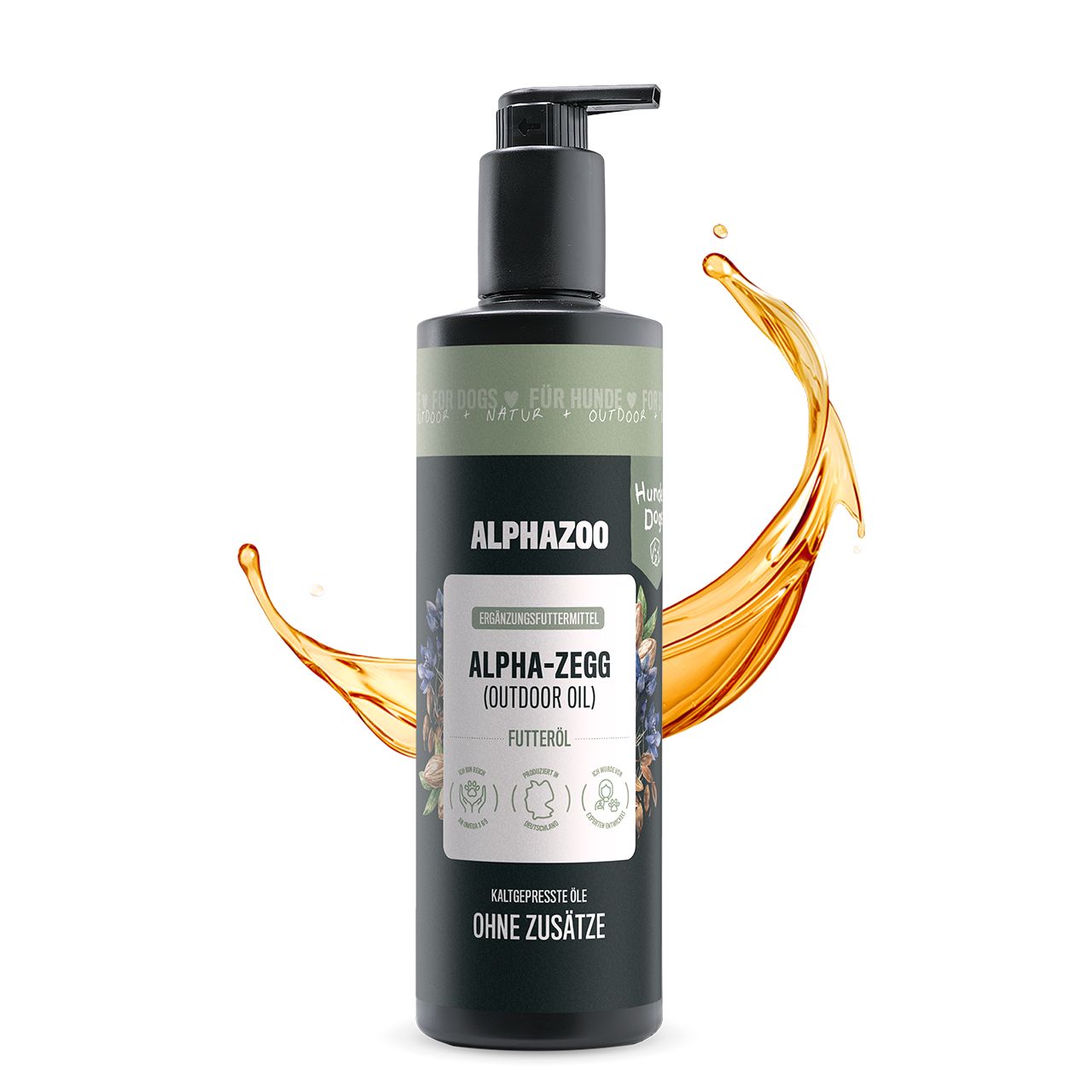 Flasche Alpha-Zegg Futteröl mit schwarzem Pumpverschluss. Gelber Ölspritzer. Text: Alpha-Zegg (Outdoor Oil) Futteröl. Kaltgepresste Öle ohne Zusätze.