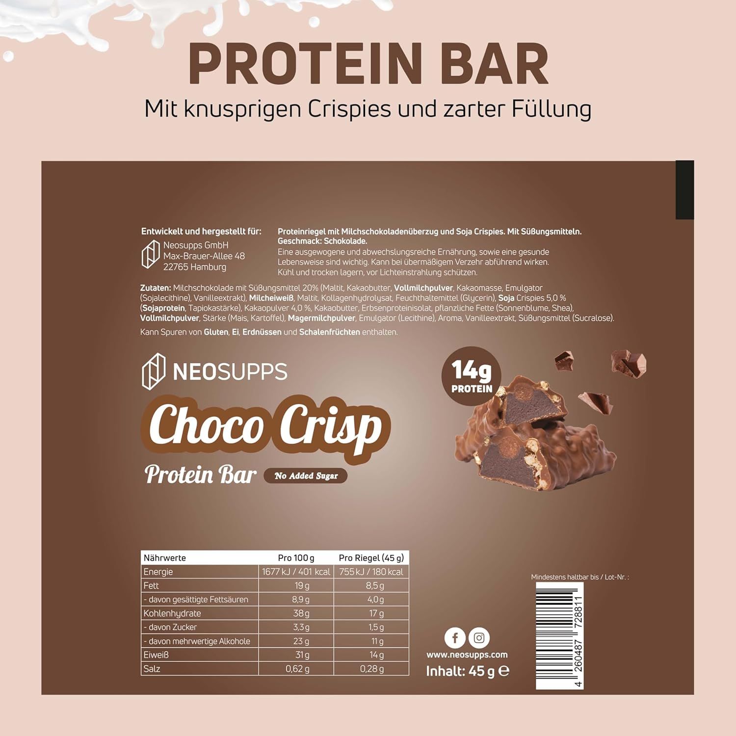 Verpackung der Neosupps Choco Crisp Proteinriegel. Aufdruck: "Protein Bar", "14g Protein", Nährwertangaben.