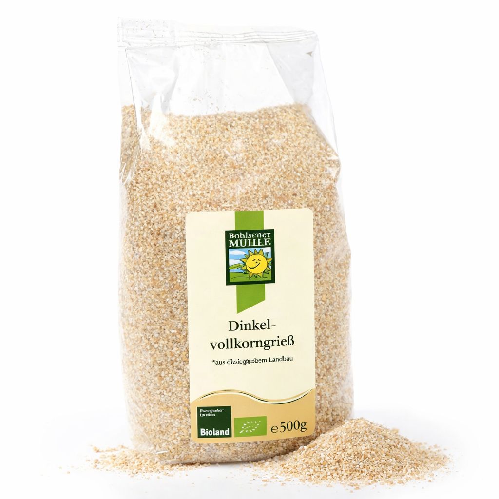 Bohlsener Mühle Dinkel Vollkorngrieß 500g Packung mit etwas Grieß daneben, isoliert auf weißem Hintergrund.