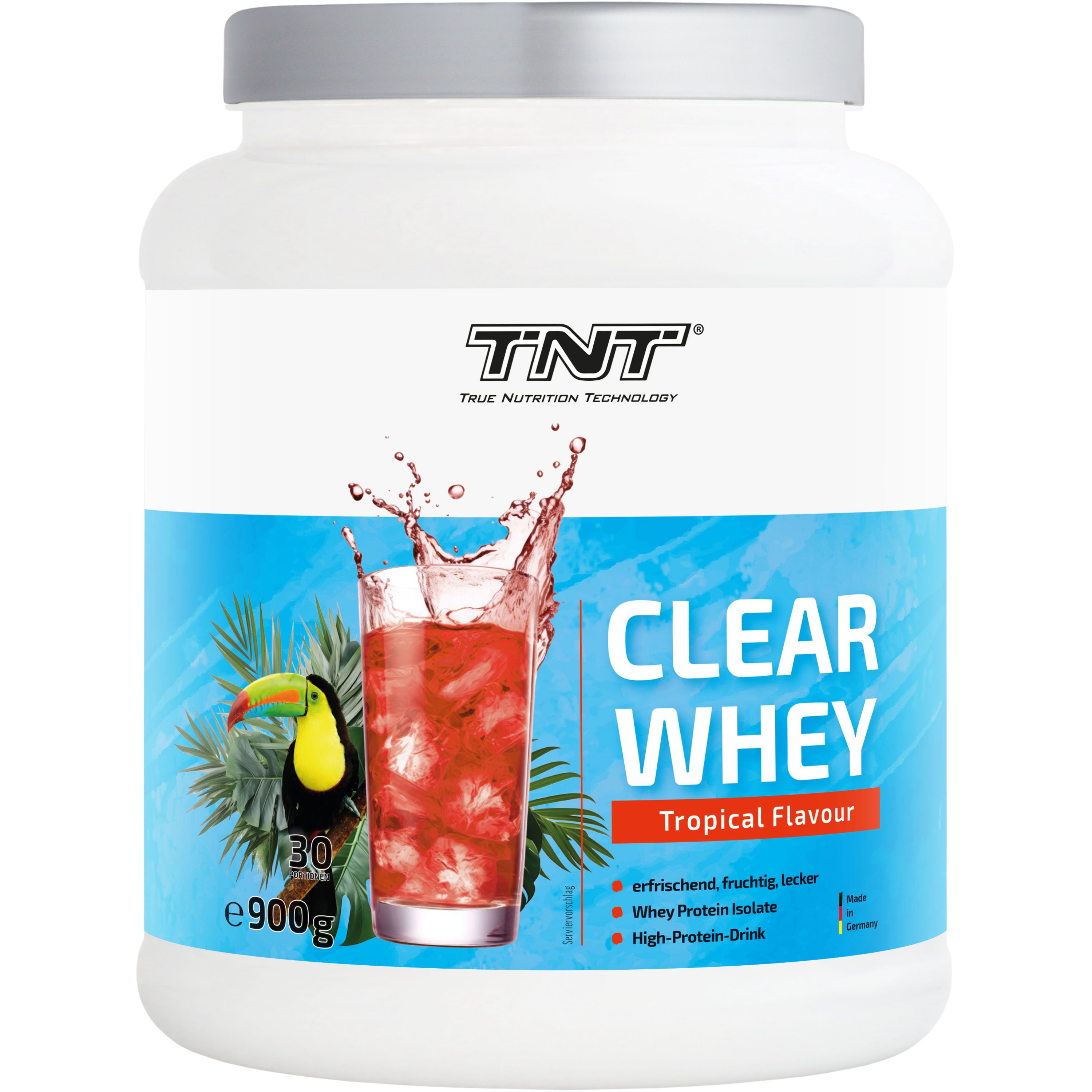 Weiße Dose mit TNT Clear Whey. Aufdruck: Glas mit rotem Getränk, Papagei, Tropical Flavour. 900g.