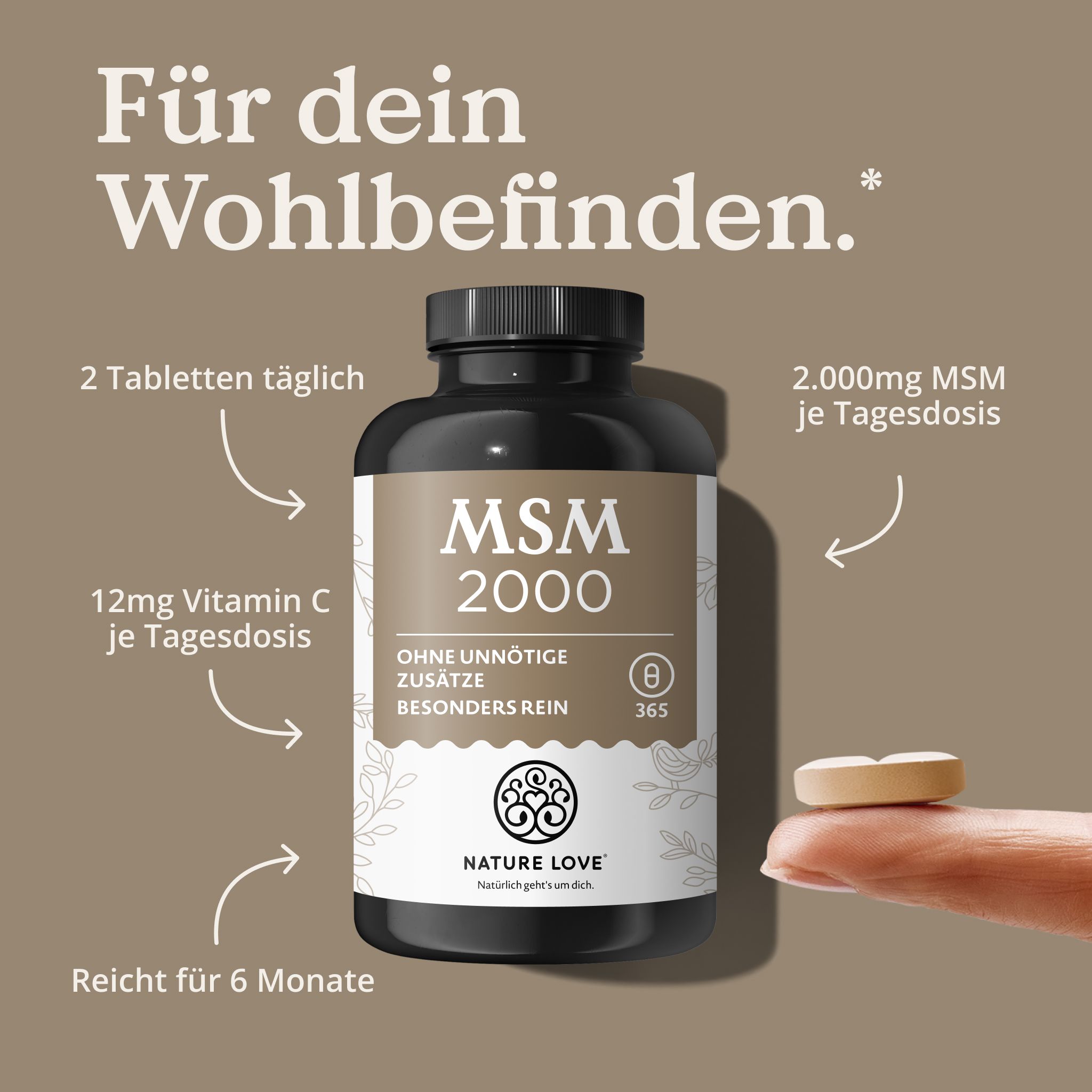 Flasche mit MSM 2000 Tabletten, 2.000mg MSM und 12mg Vitamin C je Tagesdosis. Reicht für 6 Monate.