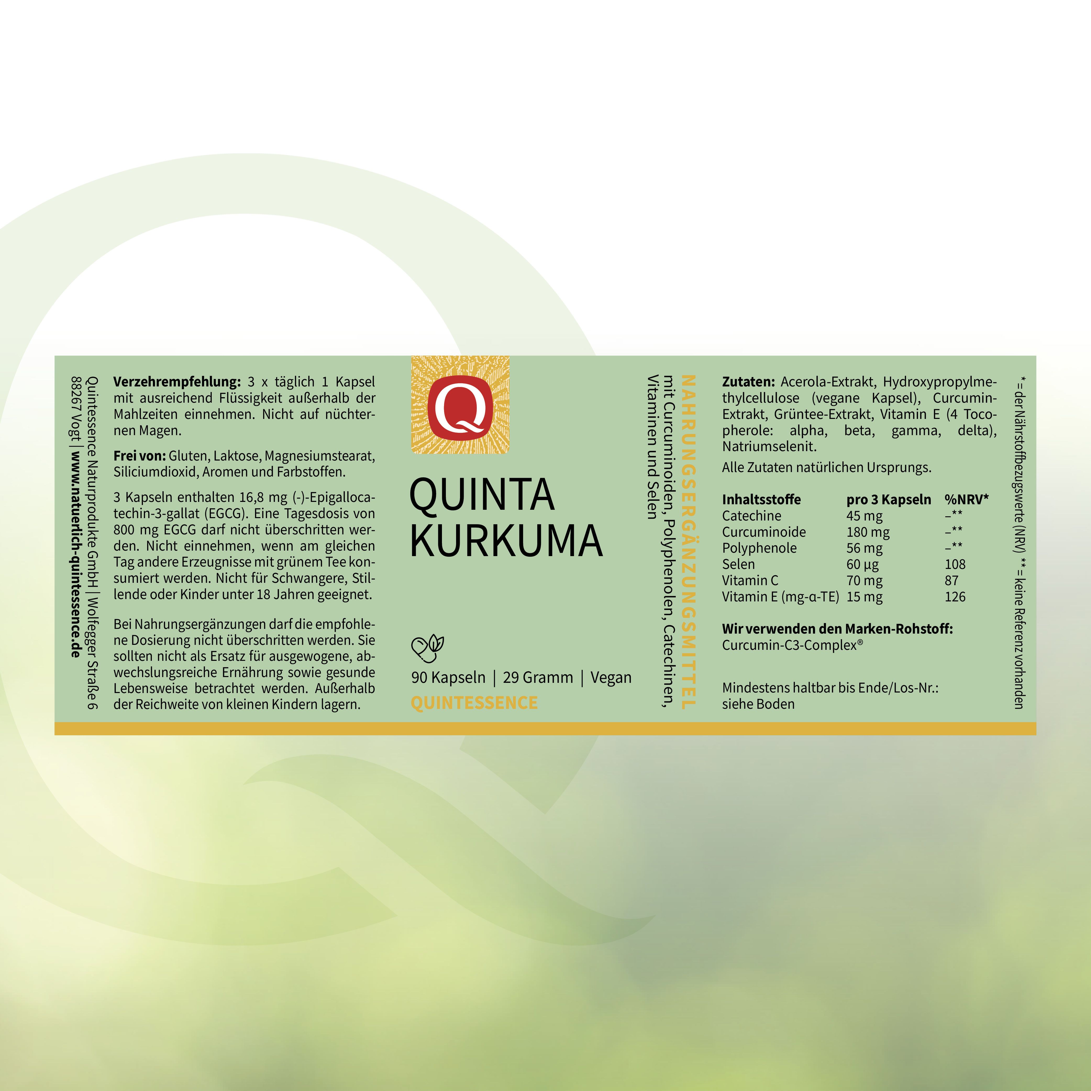 Weiße Schachtel mit Quinta Kurkuma. Aufschrift: 90 Kapseln, 29 Gramm. Vegan. Marke Quintessence. Inhaltsstoffe und Nährwertangaben.