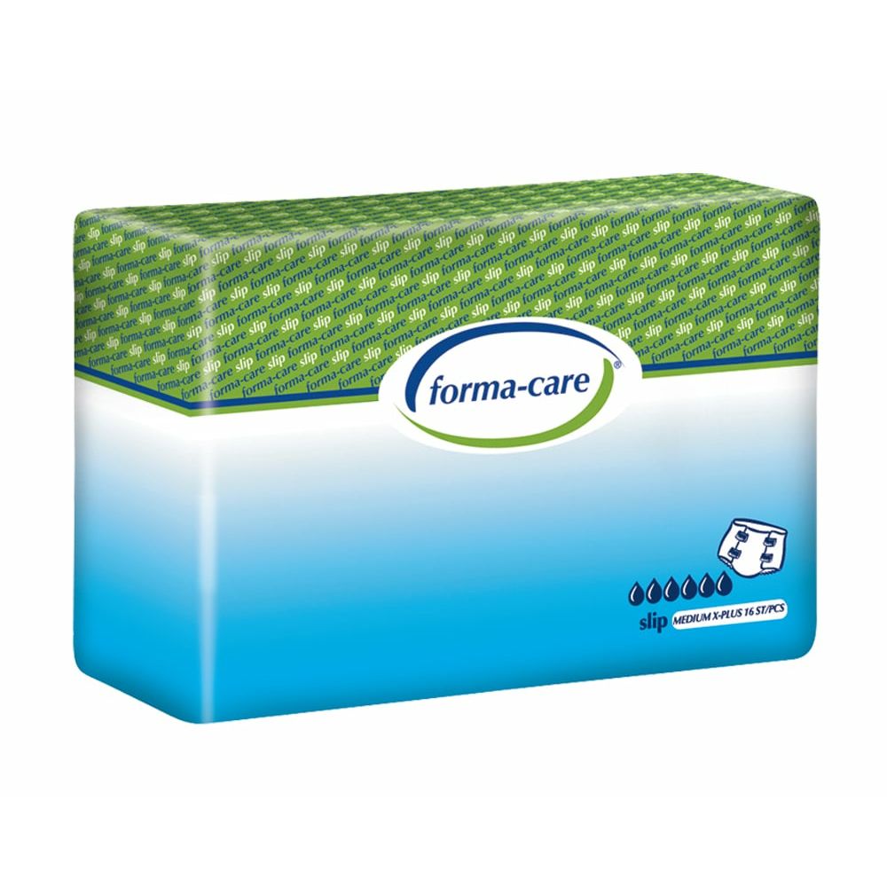 Verpackung mit Inkontinenzprodukten. Marke: forma-care. Grün-weiß-blaue Farbgebung. Aufdruck: Slip, Medium Plus, 16 Stück.