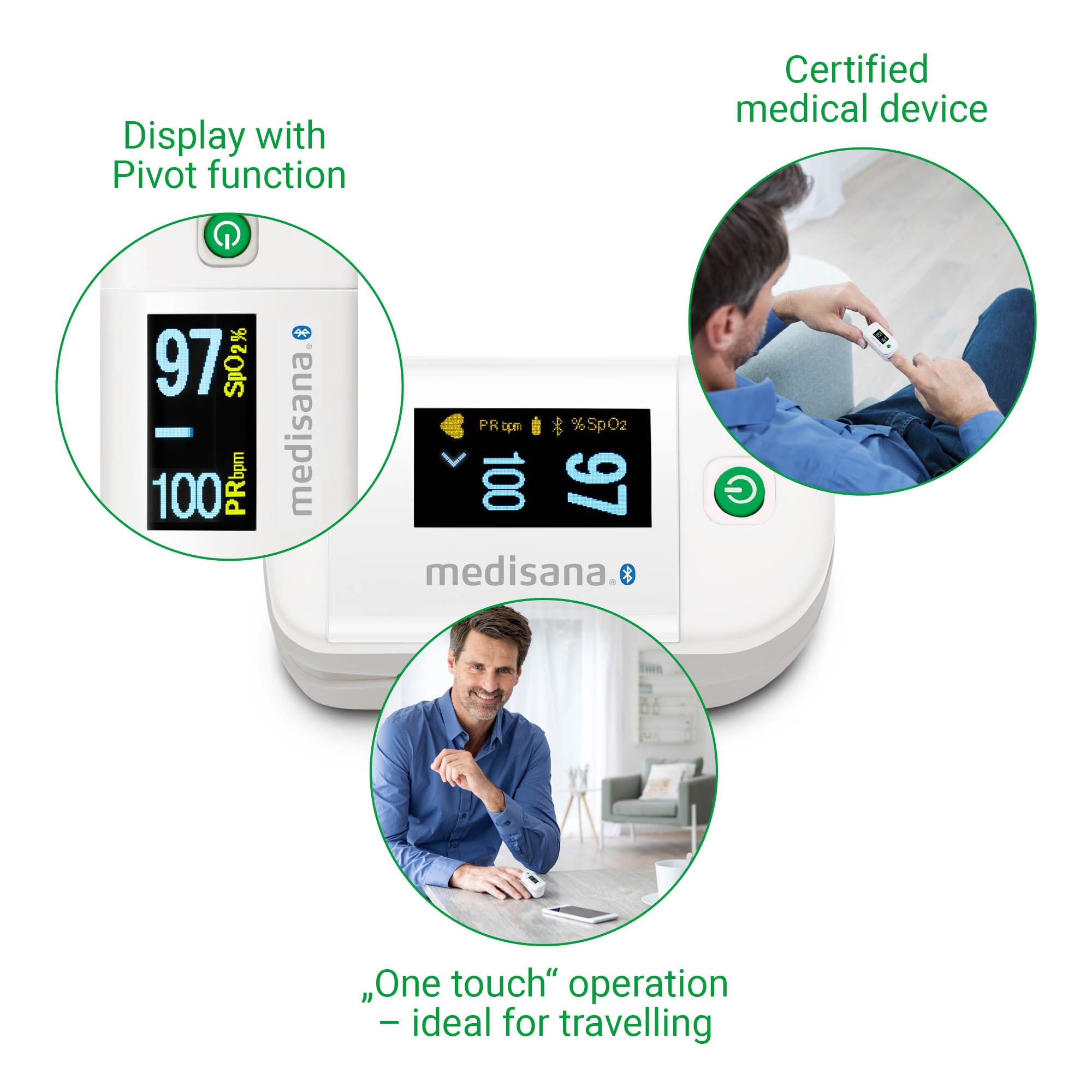 medisana PM 100 connect Pulsoximeter mit One-Touch Bedienung mit VitaDock+ App und Bluetooth