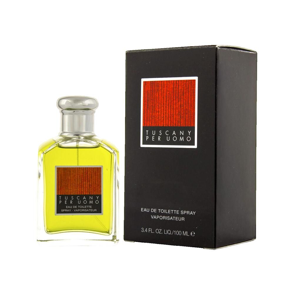 Flakon und Verpackung von Aramis Tuscany Per Uomo. Eckiger Flakon mit silbernem Deckel. Schwarze Verpackung mit rotem Akzent und Schriftzug.