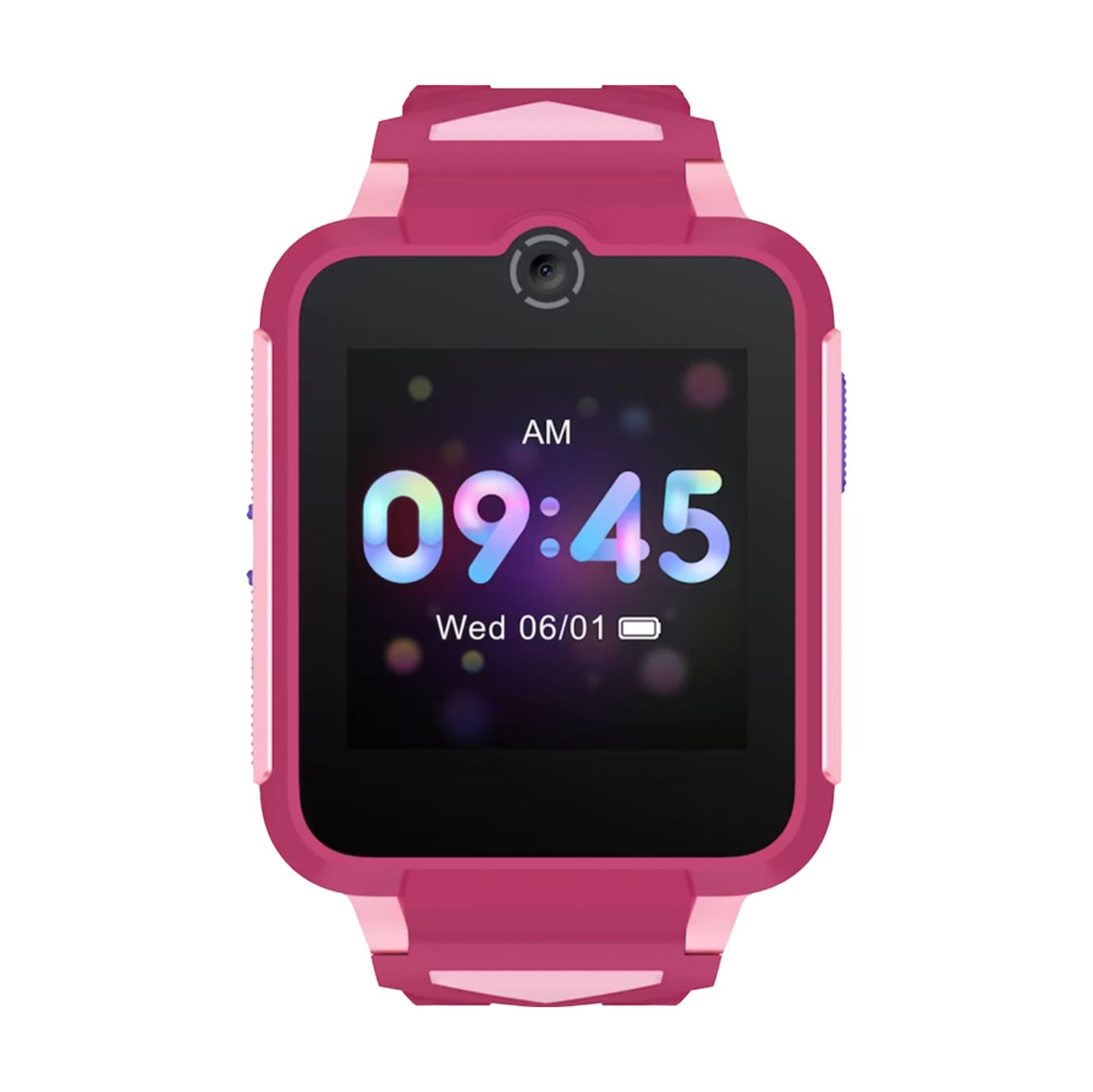 Pinkfarbene Smartwatch. Uhrzeit: 09:45. Datum: 06/01. Kamera oben. Pinkfarbenes Armband.