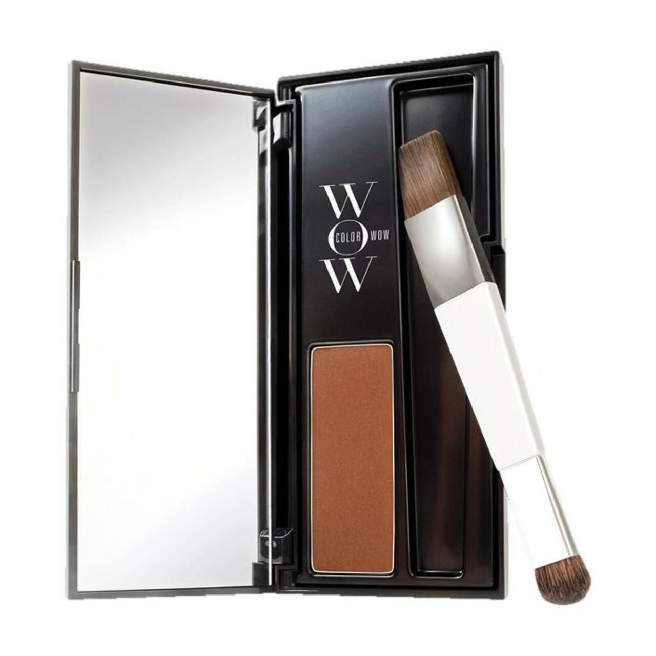 Schwarze Color Wow Root Cover Up-Verpackung, geöffnet. Enthält einen Spiegel, Puder und einen Pinsel.