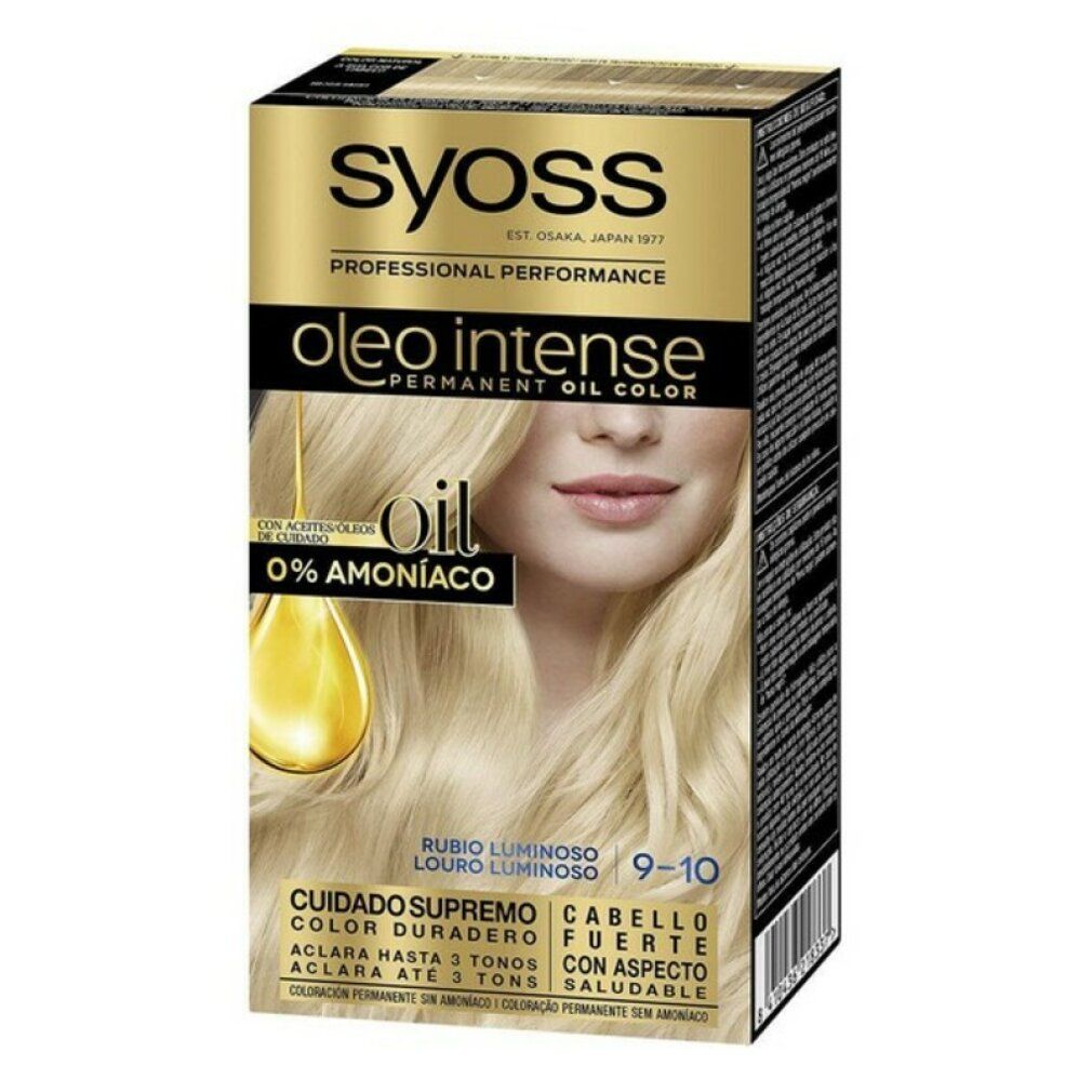 Syoss Oleo Intense Haarfarbe, 9-10 Biondo Luminoso. Verpackung mit Produktabbildung und Text. 0% Ammoniak.