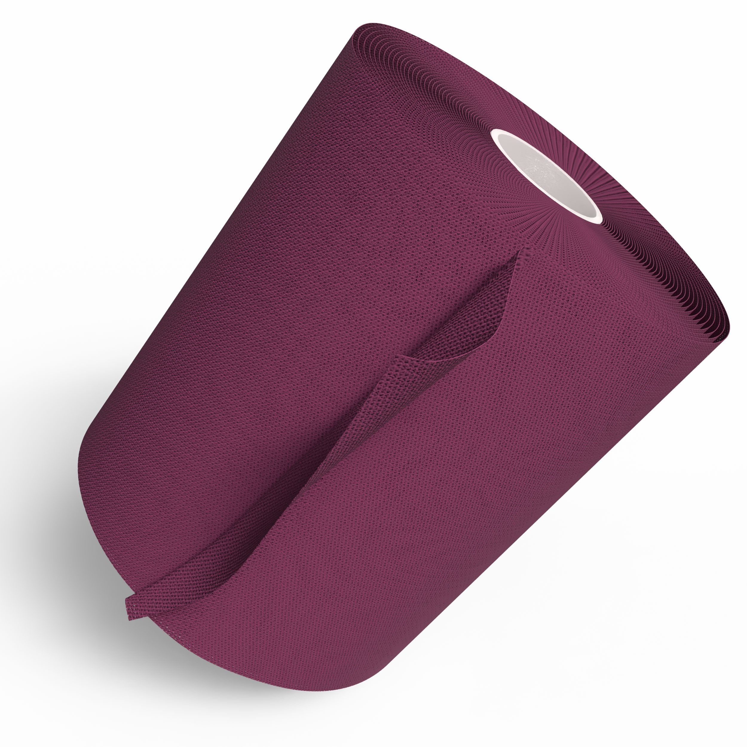 Violette, kohäsive Fixierbinde, gerollt. Teilweise abgerollt, zeigt die Textur. Weißer Kern sichtbar.