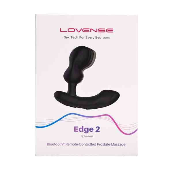 Verpackung des Prostata-Massagegeräts Edge 2 von Lovense. Weißer Karton mit Produktbild. Text: Edge 2, Bluetooth.
