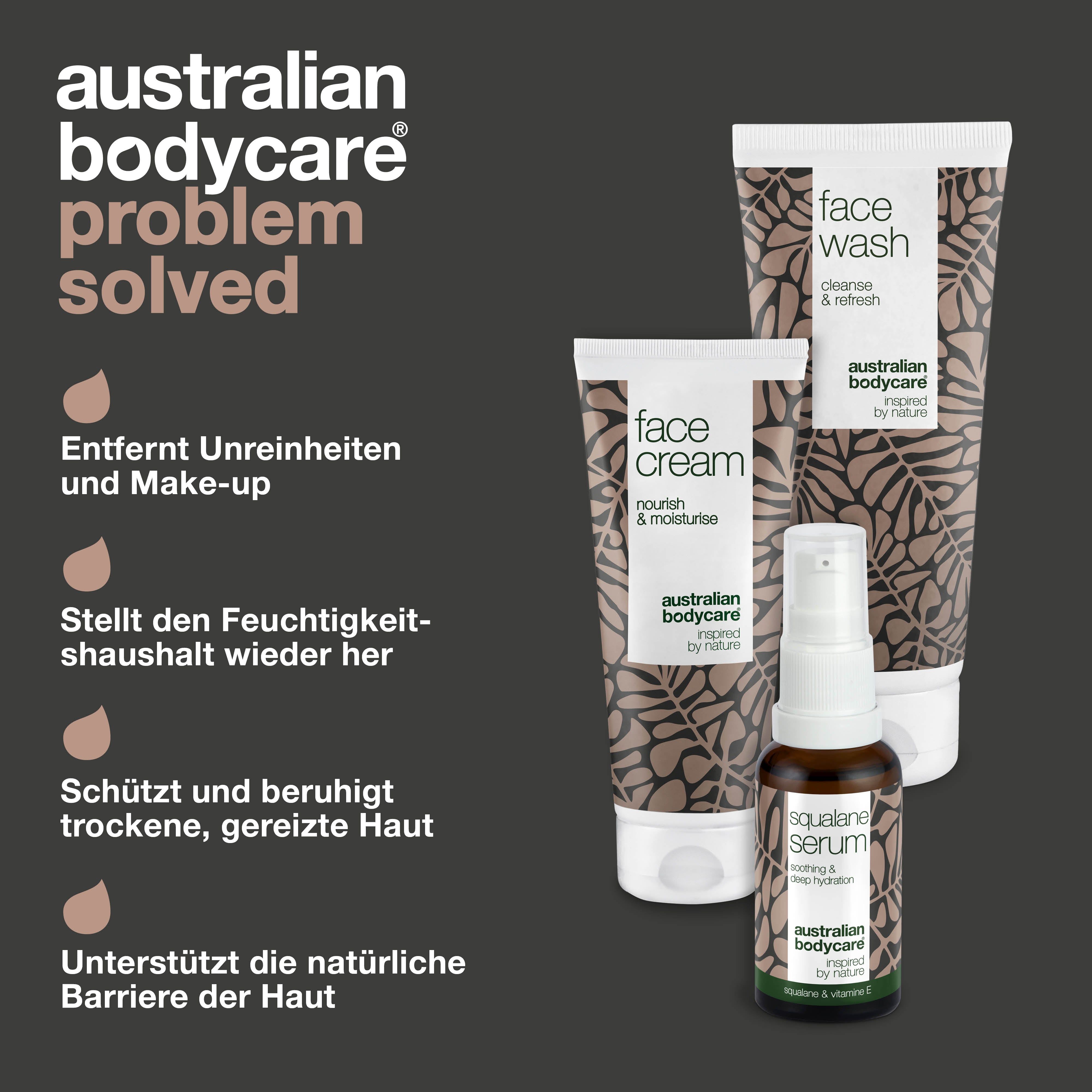 Produkt-Set mit Face Wash, Face Cream und Squalane Serum. Text: Entfernt Unreinheiten, stellt Feuchtigkeit wieder her.